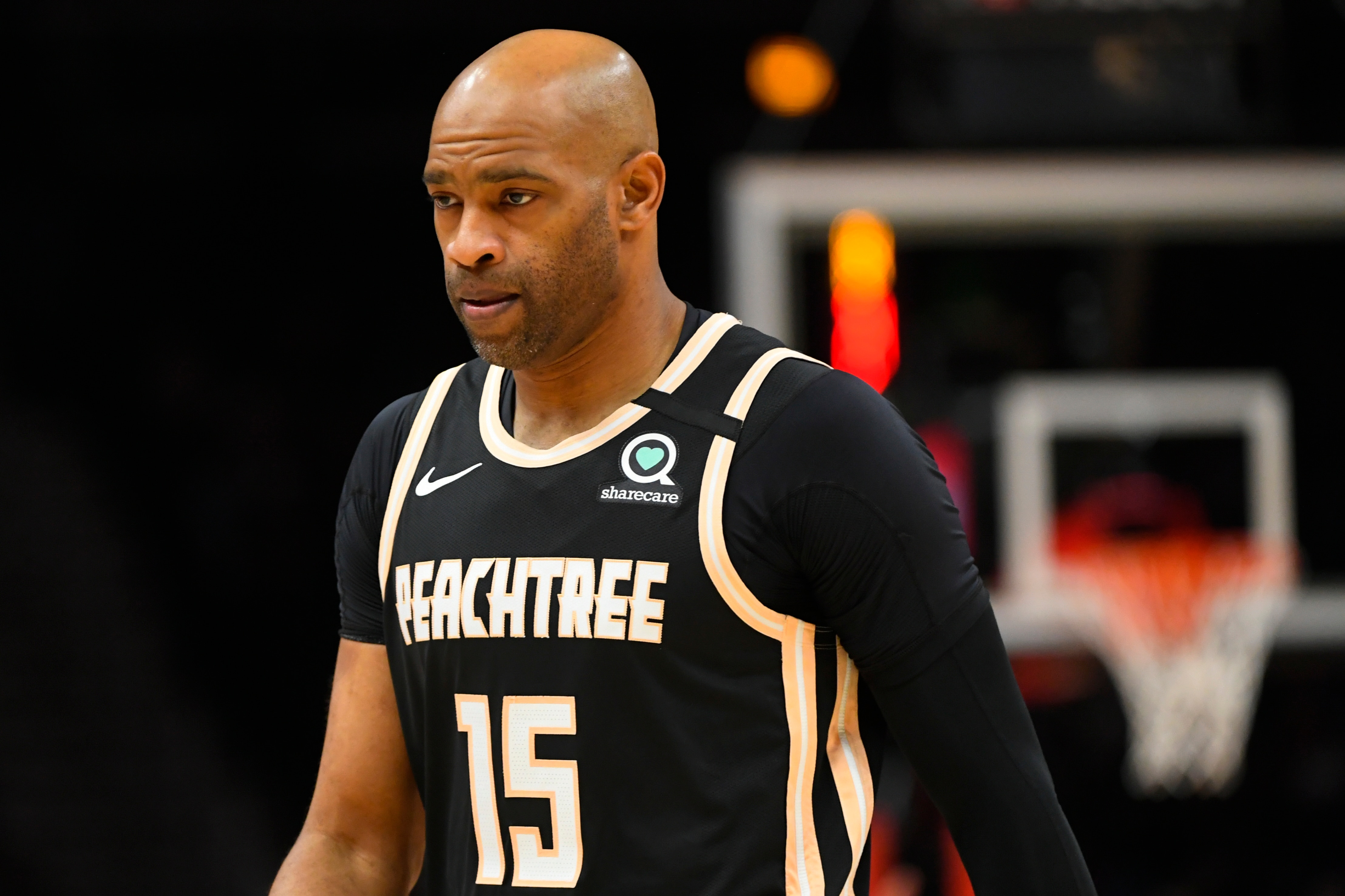 Atlanta Hawks guard Vince Carter is shown during an NBA basketball game against the Detroit Pistons, Saturday, Jan. 18, 2020, in Atlanta. (AP Photo/John Amis)