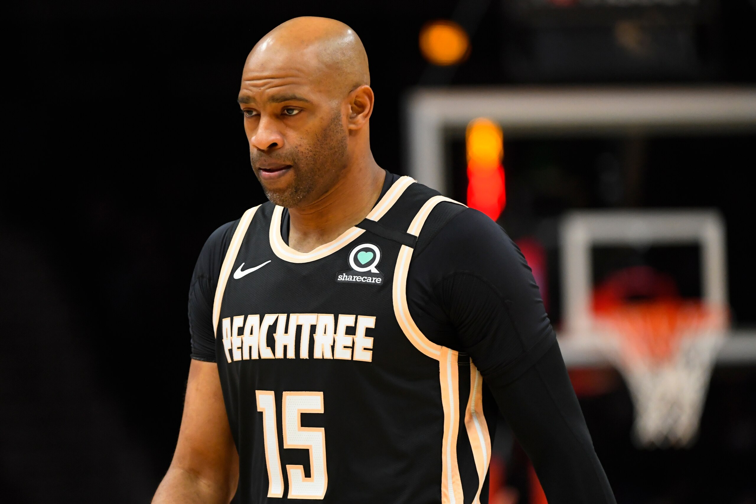 Atlanta Hawks guard Vince Carter is shown during an NBA basketball game against the Detroit Pistons, Saturday, Jan. 18, 2020, in Atlanta. (AP Photo/John Amis)