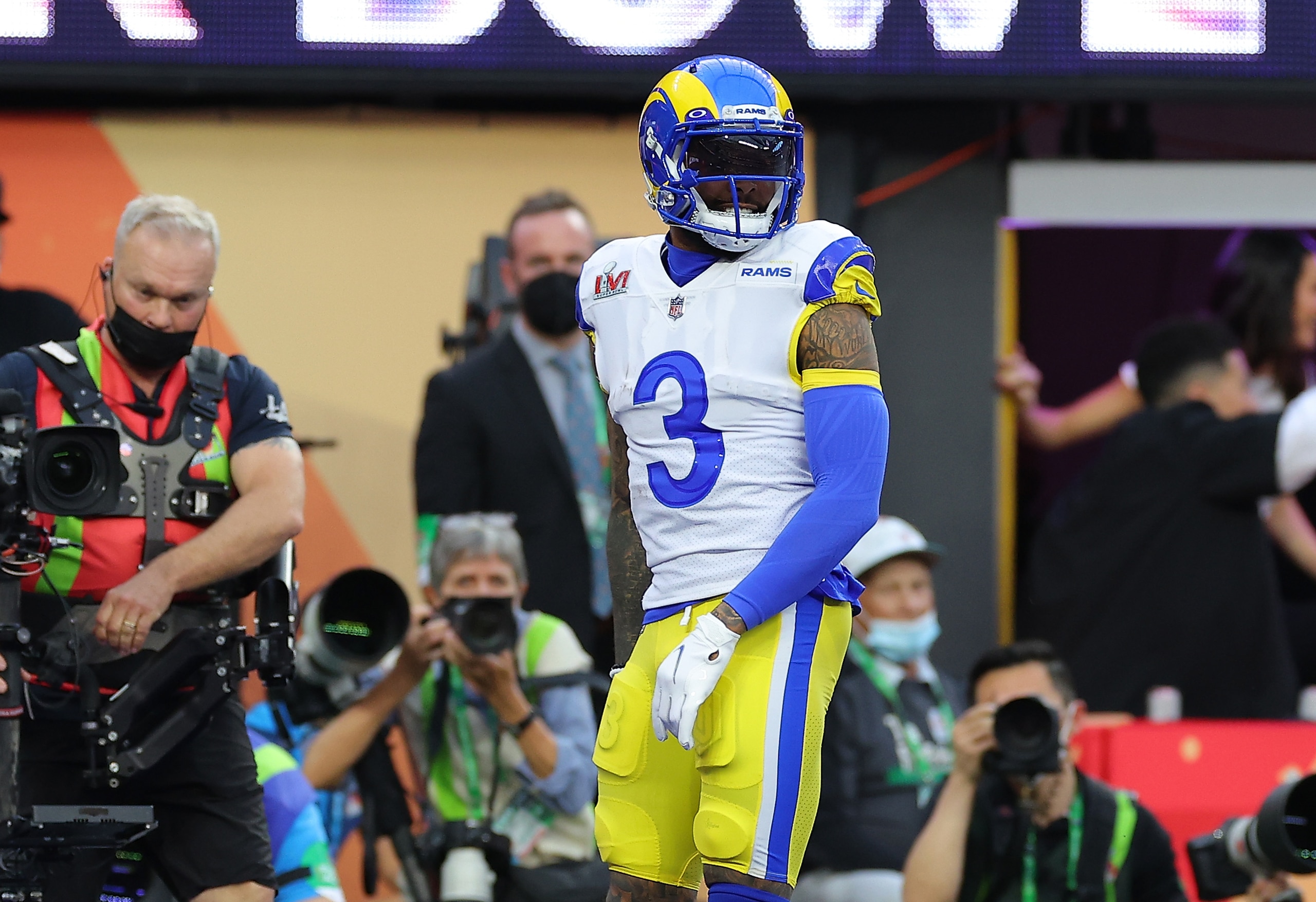 INGLEWOOD, CALIFORNIA - FEBRUARY 13: Odell Beckham Jr. #3 of the Los Angeles Rams celebrates after a touchdown against the Cincinnati Bengals during Super Bowl LVI at SoFi Stadium on February 13, 2022 in Inglewood, California. (Photo by Kevin C. Cox/Getty Images)