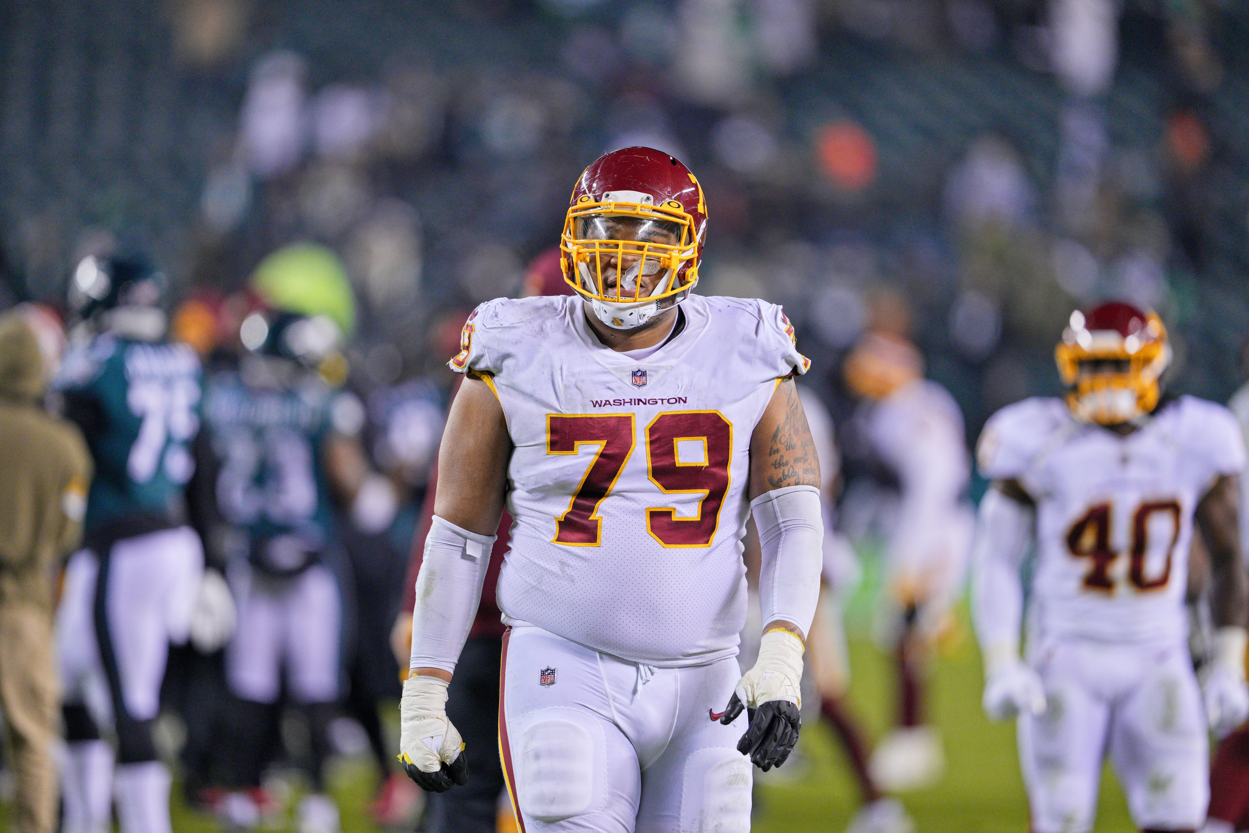 PHILADELPHIA, PA - DECEMBER 19: Washington Football Team guard Ereck Flowers (79) looks on during the game between the Washington Football Team and the Philadelphia Eagles on December 21, 2021 at Lincoln Financial Field in Philadelphia, PA. (Photo by Andy Lewis/Icon Sportswire via Getty Images)