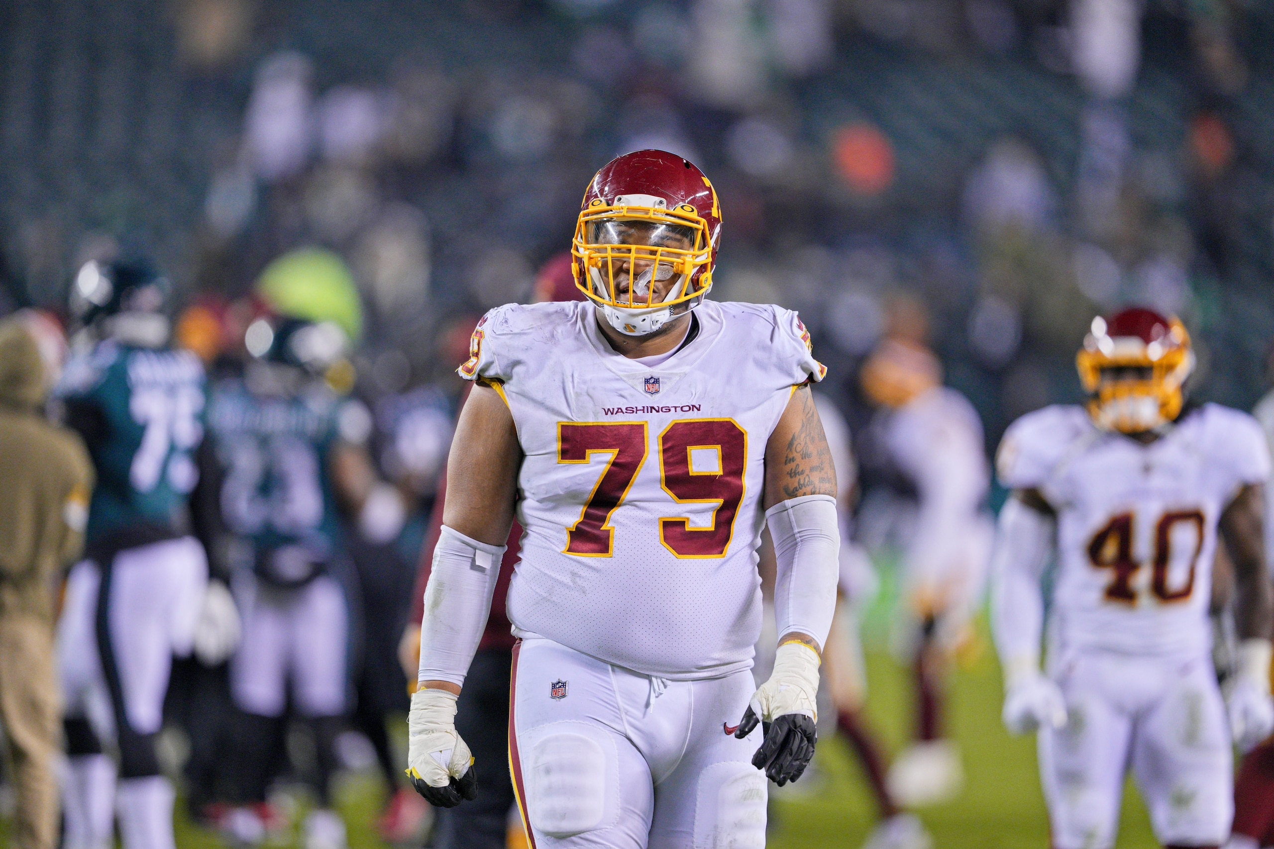 PHILADELPHIA, PA - DECEMBER 19: Washington Football Team guard Ereck Flowers (79) looks on during the game between the Washington Football Team and the Philadelphia Eagles on December 21, 2021 at Lincoln Financial Field in Philadelphia, PA. (Photo by Andy Lewis/Icon Sportswire via Getty Images)