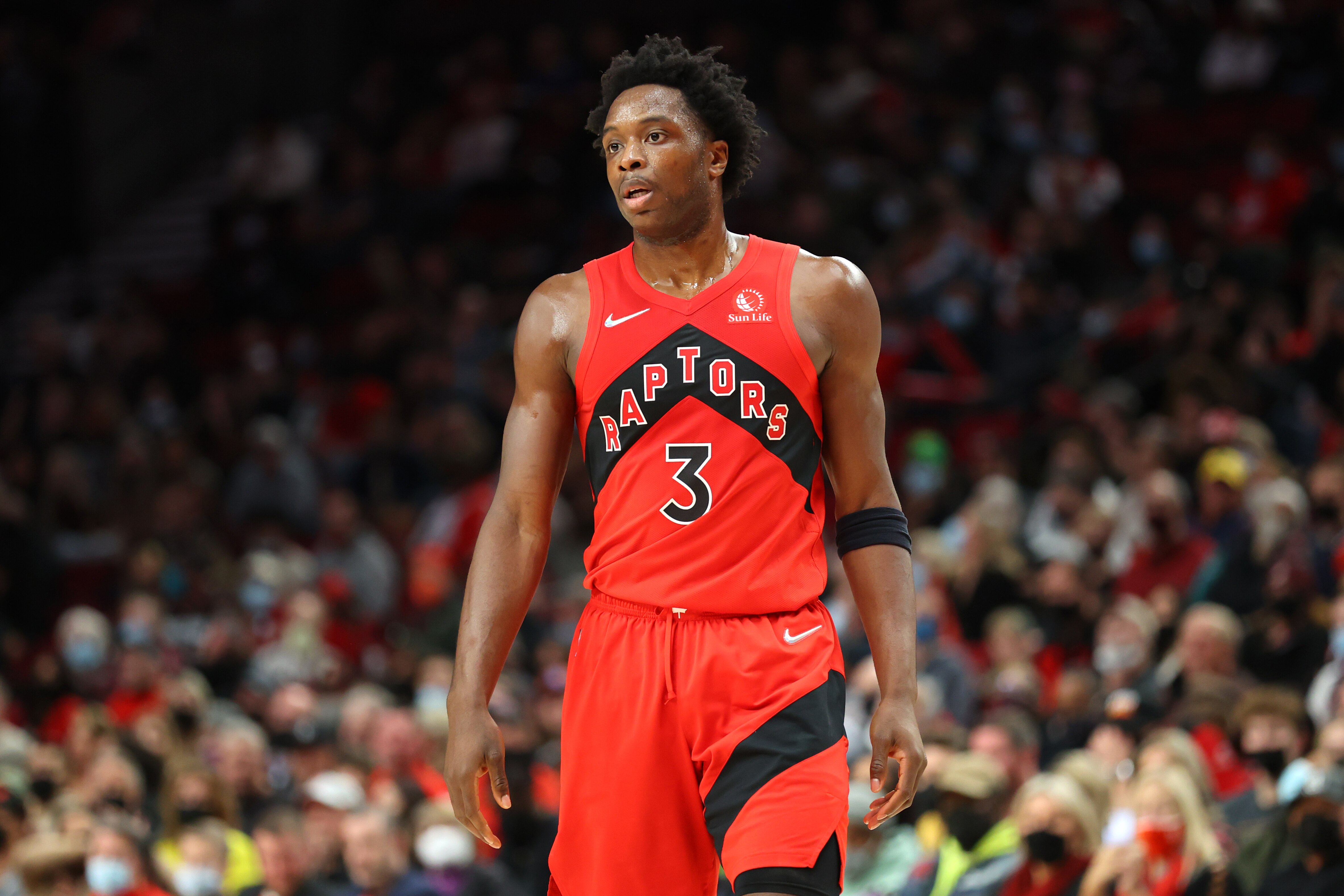 PORTLAND, OREGON - NOVEMBER 15: OG Anunoby #3 of the Toronto Raptors reacts against the Portland Trail Blazers during the second quarter at Moda Center on November 15, 2021 in Portland, Oregon.  NOTE TO USER: User expressly acknowledges and agrees that, by downloading and or using this photograph, User is consenting to the terms and conditions of the Getty Images License Agreement. (Photo by Abbie Parr/Getty Images)