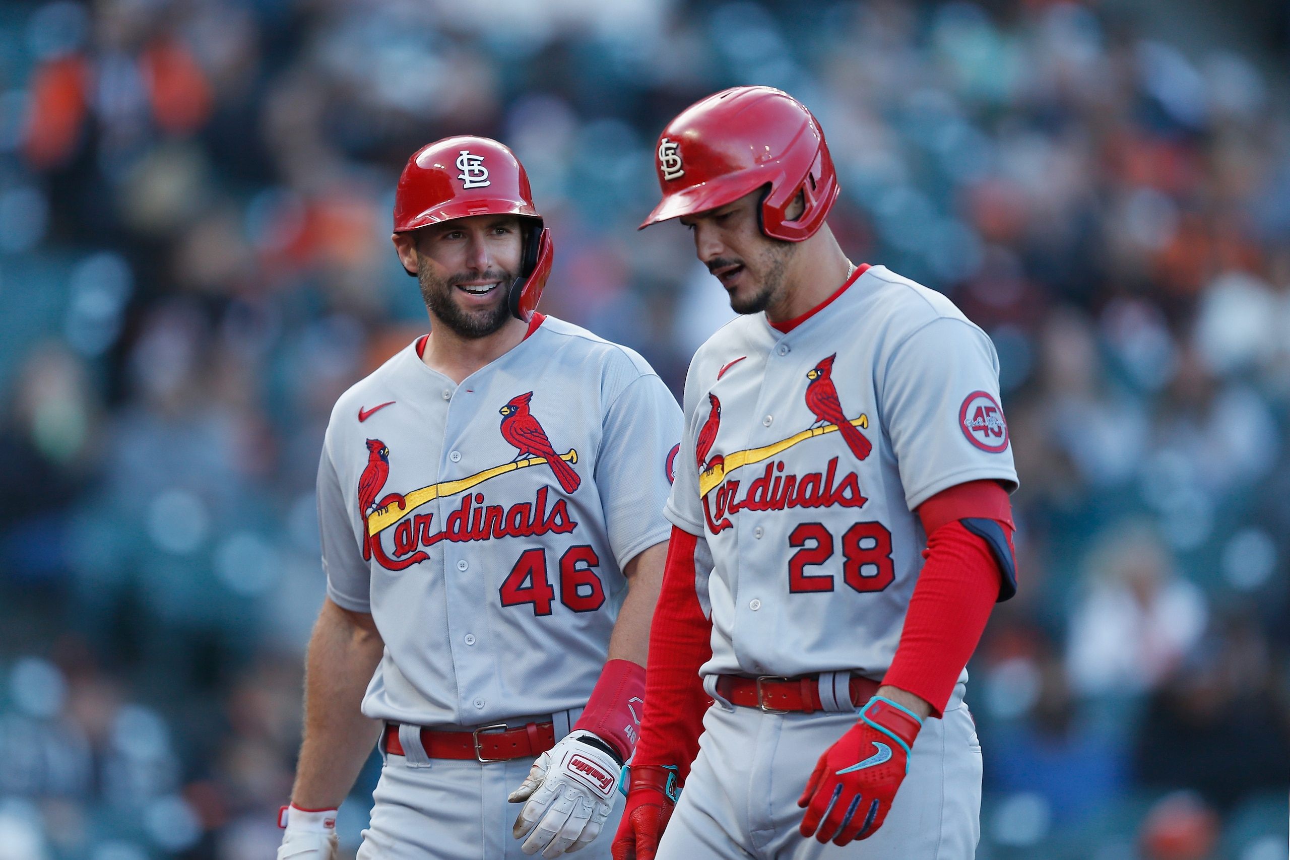 SAN FRANCISCO, CALIFORNIA - JULY 06: Nolan Arenado #28 of the St. Louis Cardinals celebrates with Paul Goldschmidt #46 after hitting a two-run home run in the top of the first inning against the San Francisco Giants at Oracle Park on July 06, 2021 in San Francisco, California. (Photo by Lachlan Cunningham/Getty Images)