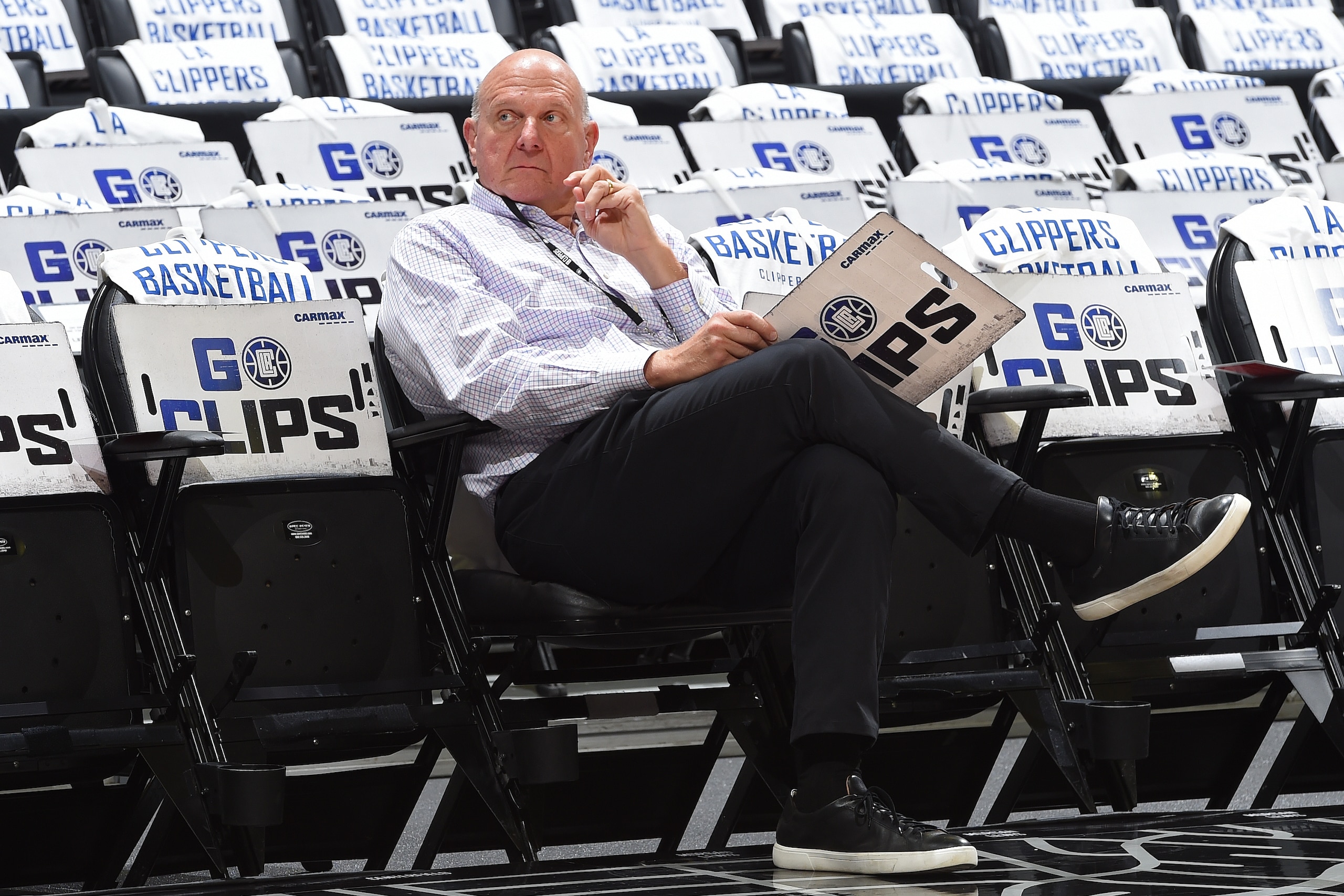 LOS ANGELES, CA - APRIL 15: Owner, Steve Ballmer of the LA Clippers looks on before the game between the New Orleans Pelicans and LA Clippers during the 2022 Play-In Tournament on April 15, 2022 at Crypto.Com Arena in Los Angeles, California. NOTE TO USER: User expressly acknowledges and agrees that, by downloading and/or using this Photograph, user is consenting to the terms and conditions of the Getty Images License Agreement. Mandatory Copyright Notice: Copyright 2022 NBAE (Photo by Andrew D. Bernstein/NBAE via Getty Images) LOS ANGELES, CA - APRIL 15: Owner, Steve Ballmer of the LA Clippers looks on before the game between the New Orleans Pelicans and LA Clippers during the 2022 Play-In Tournament on April 15, 2022 at Crypto.Com Arena in Los Angeles, California. NOTE TO USER: User expressly acknowledges and agrees that, by downloading and/or using this Photograph, user is consenting to the terms and conditions of the Getty Images License Agreement. Mandatory Copyright Notice: Copyright 2022 NBAE (Photo by Andrew D. Bernstein/NBAE via Getty Images)