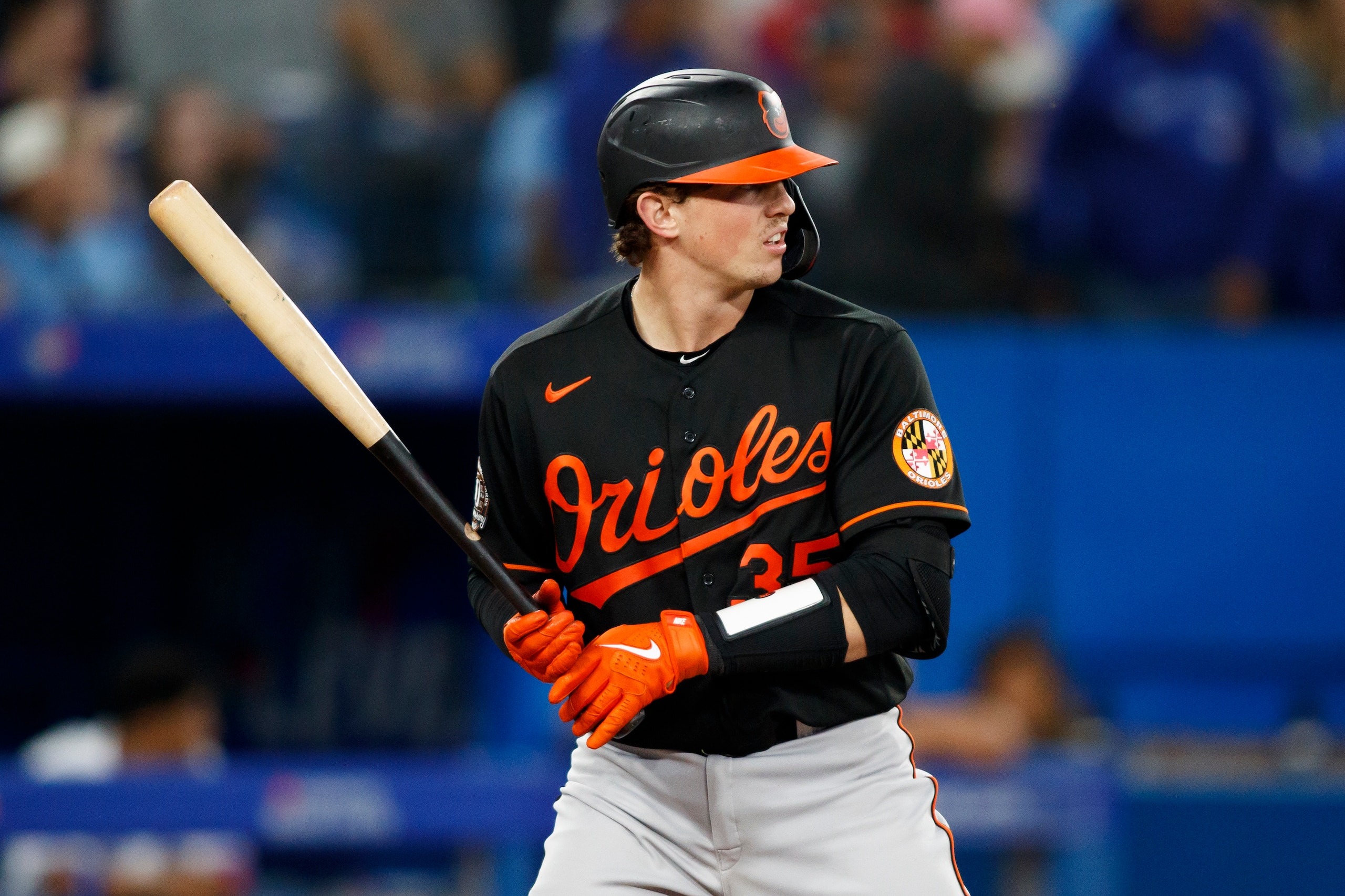 TORONTO, ON - JUNE 15: Adley Rutschman #35 of the Baltimore Orioles takes his at bat in the eighth inning of their MLB game against the Toronto Blue Jays at Rogers Centre on June 15, 2022 in Toronto, Canada. (Photo by Cole Burston/Getty Images)