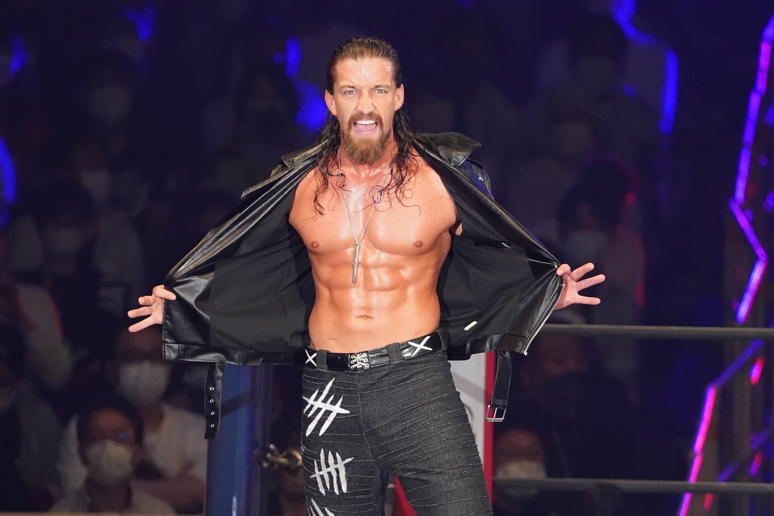 OSAKA, JAPAN - JUNE 12: Jay White enters the ring during the New Japan Pro-Wrestling - DOMINION at Osaka-Jo Hall on June 12, 2022 in Osaka, Japan. (Photo by Etsuo Hara/Getty Images)