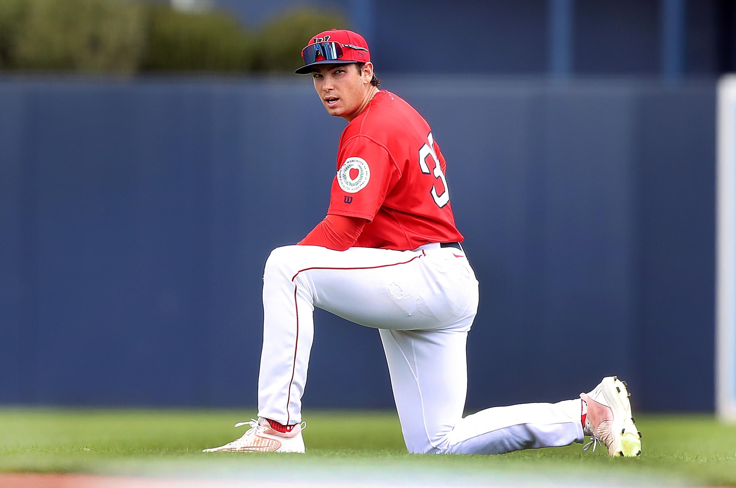 Worcester, MA - April 27: Sox Triston Casas stretches in the outfield. The Worcester Red Sox played Buffalo Bisons at Polar Park in Worcester, MA on April 27, 2022.(Photo by John Tlumacki/The Boston Globe via Getty Images)