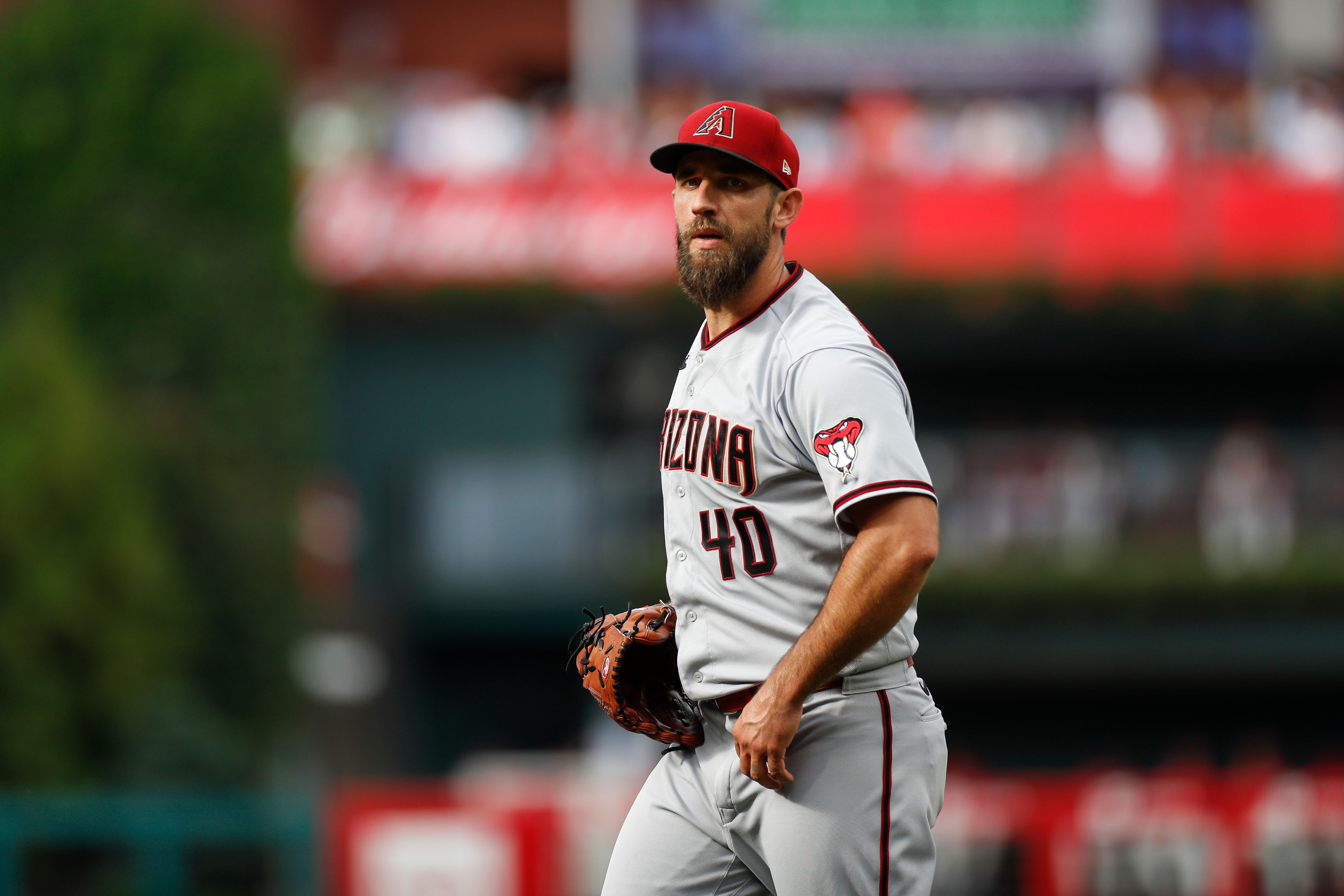 PHILADELPHIA, PA - JUNE 11: Arizona Diamondbacks starting pitcher Madison Bumgarner (40) looks on during a regular season game between the Arizona Diamondbacks and Philadelphia Phillies on June 11, 2022, at Citizens Bank Park in Philadelphia, PA. (Photo by Brandon Sloter/Icon Sportswire via Getty Images)