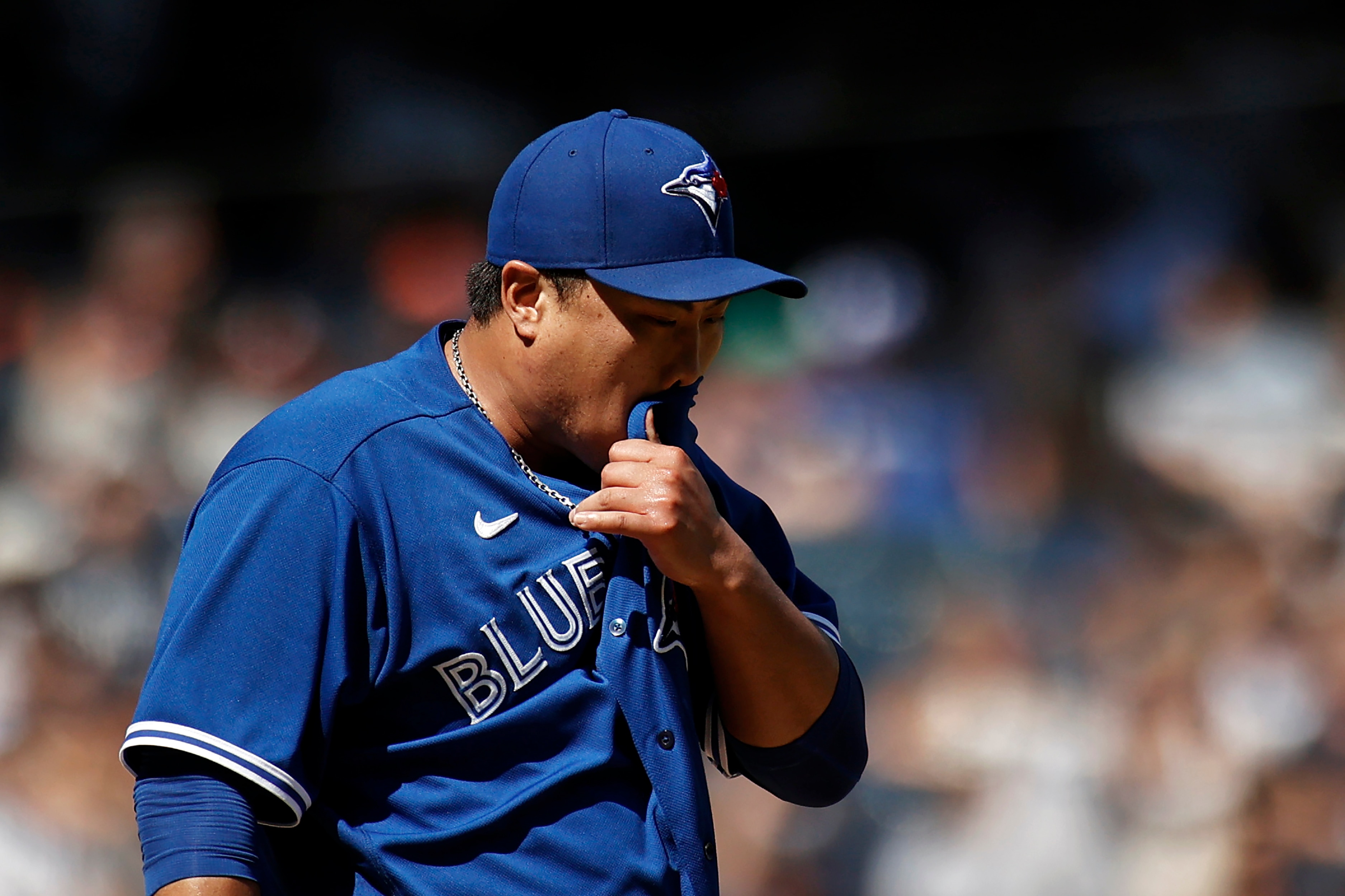 Toronto Blue Jays pitcher Hyun Jin Ryu (99) reacts against the New York Yankees during the fourth inning of a baseball game on Monday, Sept. 6, 2021, in New York. (AP Photo/Adam Hunger)