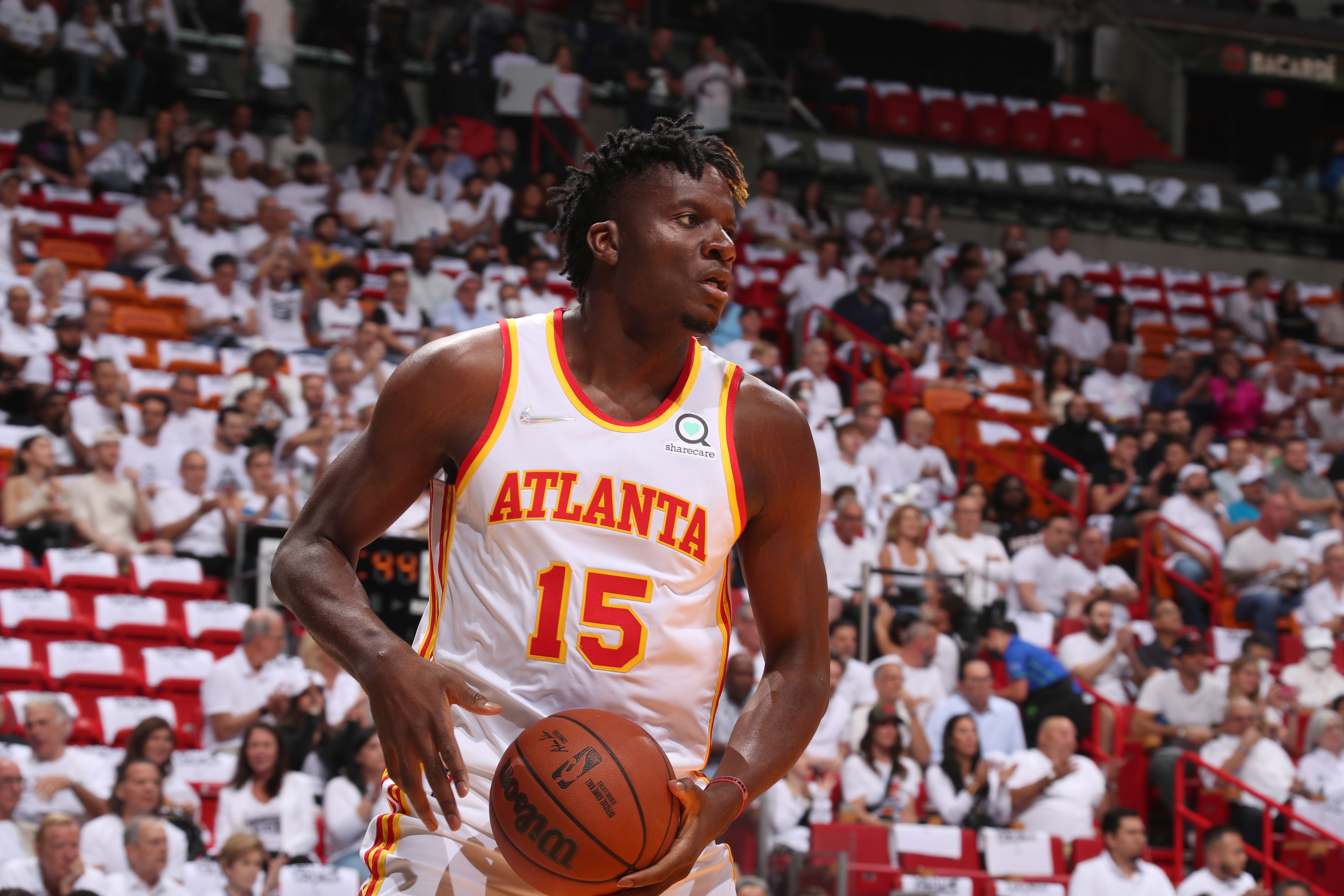 MIAMI, FL - APRIL 26: Clint Capela #15 of the Atlanta Hawks looks on during the game against the Miami Heat during Round 1 Game 5 of the 2022 NBA Playoffs on April 26, 2022 at FTX Arena in Miami, Florida. NOTE TO USER: User expressly acknowledges and agrees that, by downloading and or using this Photograph, user is consenting to the terms and conditions of the Getty Images License Agreement. Mandatory Copyright Notice: Copyright 2022 NBAE (Photo by Issac Baldizon/NBAE via Getty Images)