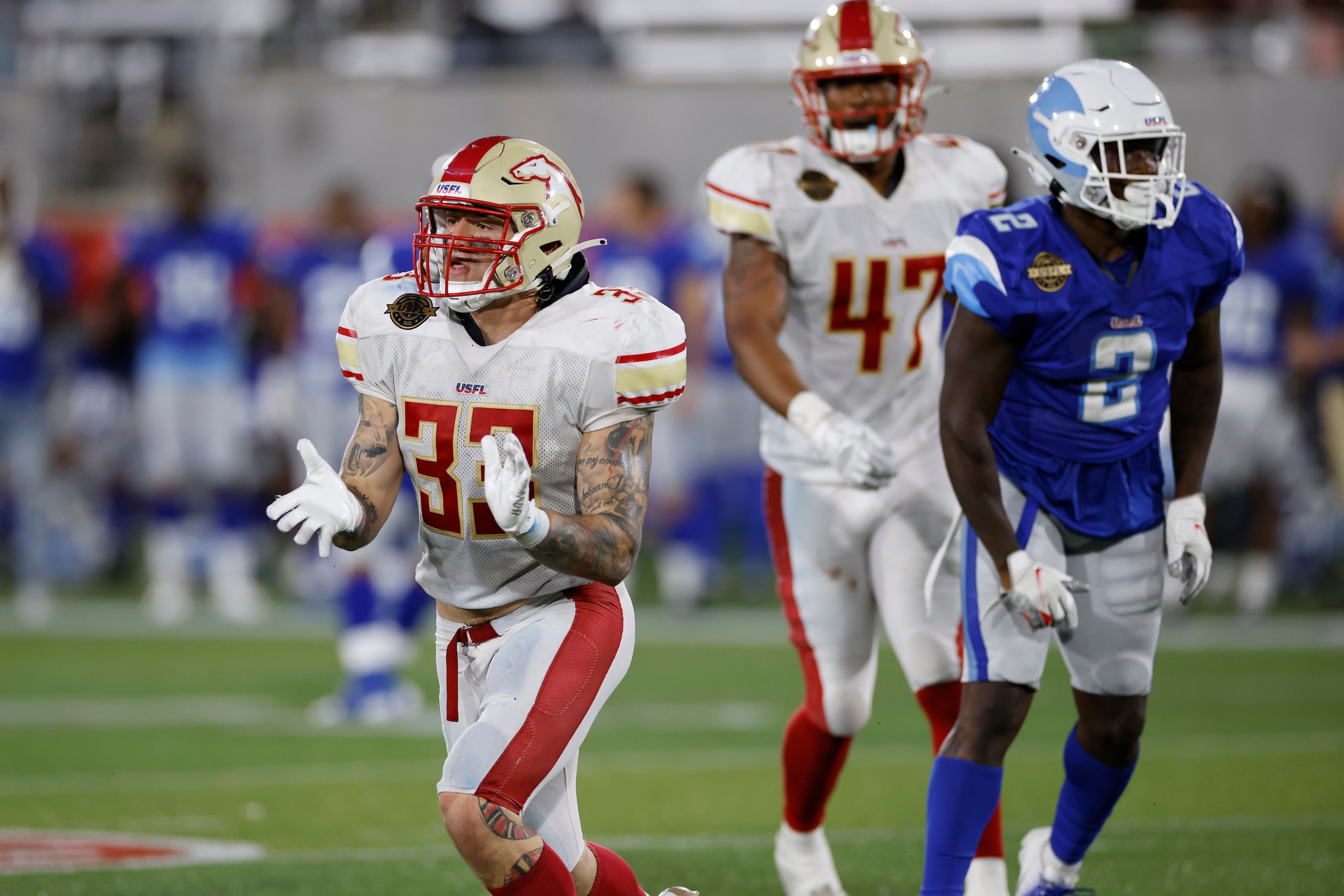BIRMINGHAM, AL - APRIL 30: Birmingham Stallions linebacker Scooby Wright III (33) reacts after breaking up a pass on defense against the New Orleans Breakers during the USFL game on April 30, 2022 at Protective Stadium in Birmingham, Alabama. (Photo by Joe Robbins/Icon Sportswire via Getty Images)