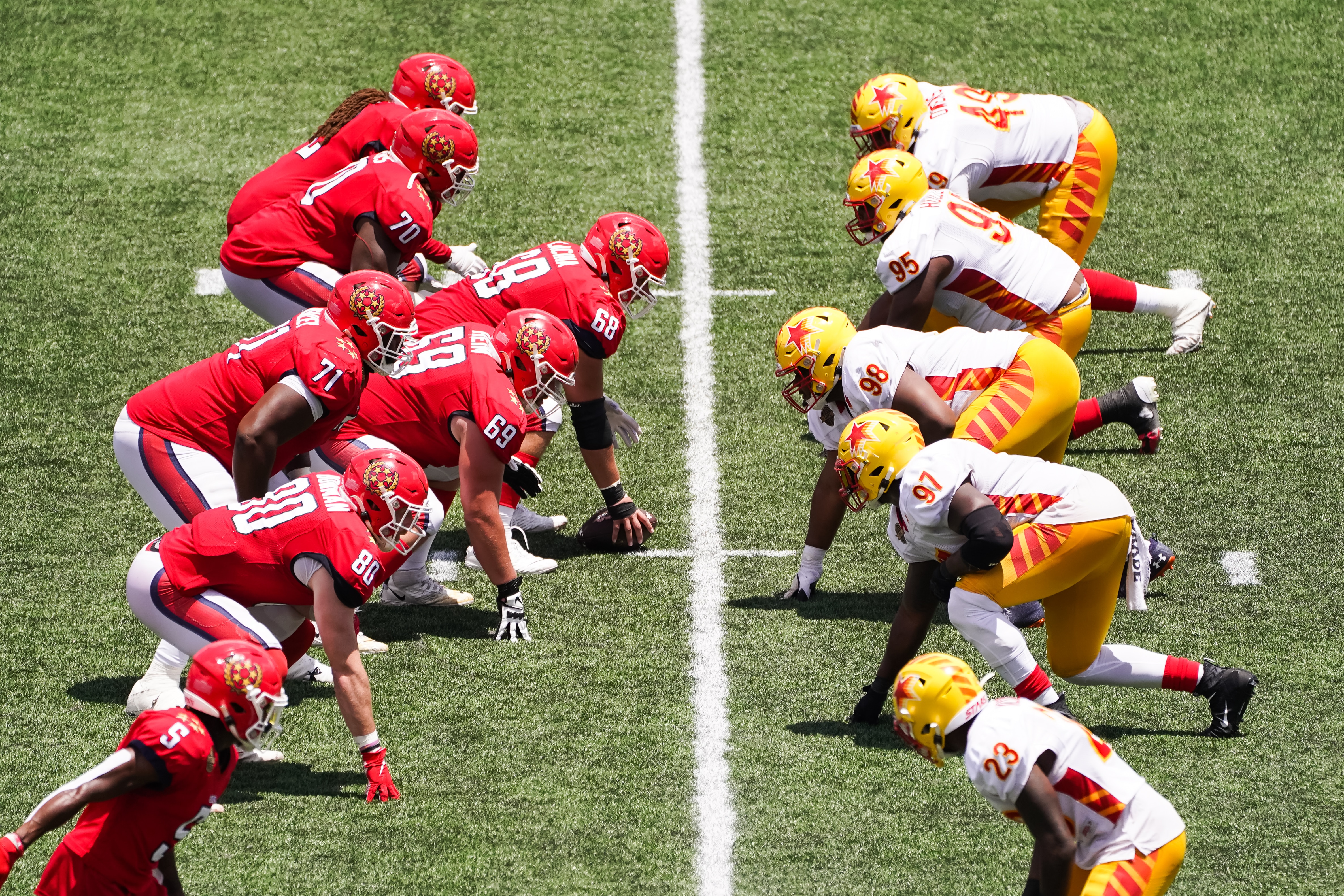 BIRMINGHAM, AL - JUNE 18: Players from the New Jersey Generals and the Philadelphia Stars line up during the game at Legion Field on June 19, 2022 in Birmingham, Alabama. (Photo by Alex Bierens de Haan/USFL/Getty Images)