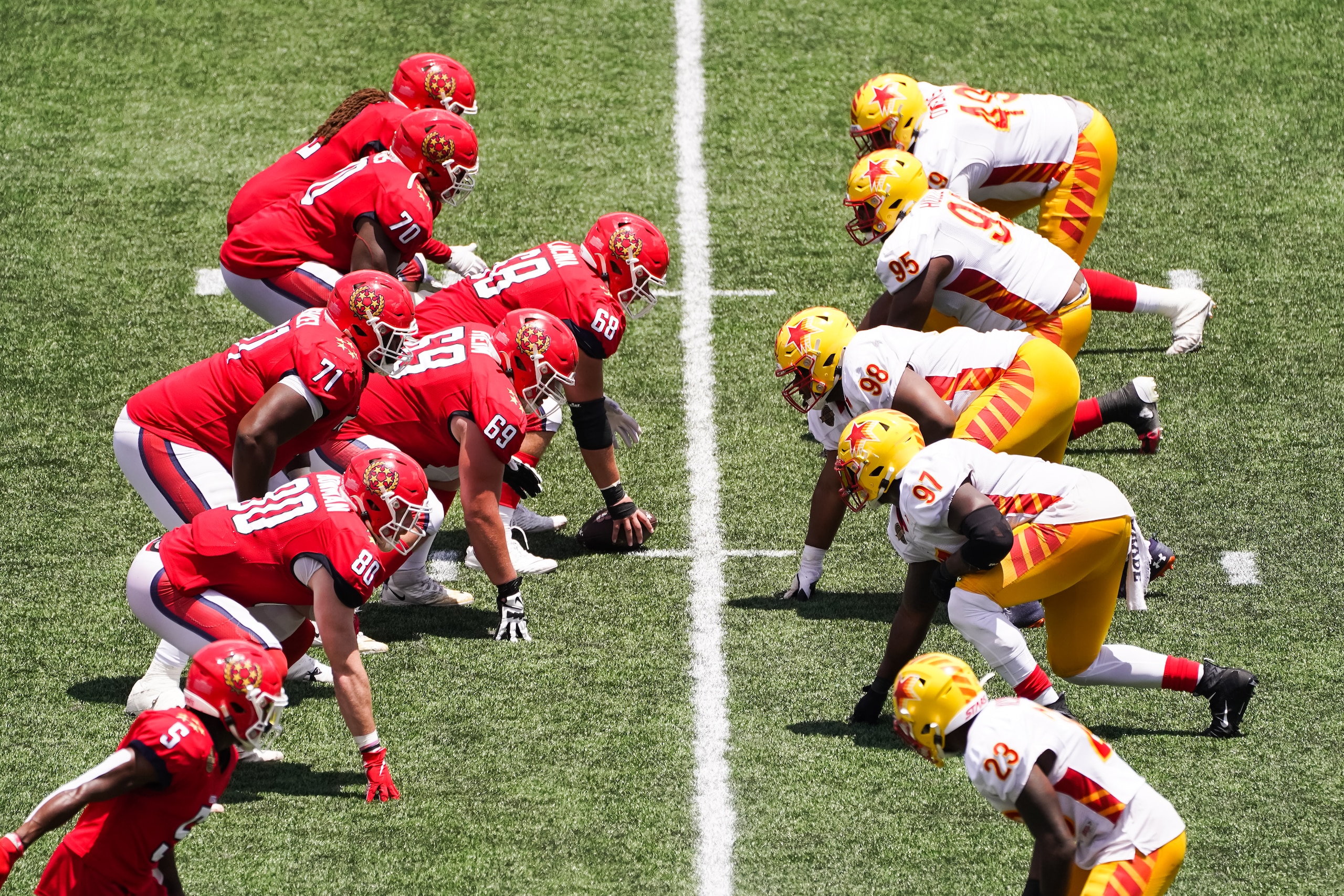 BIRMINGHAM, AL - JUNE 18: Players from the New Jersey Generals and the Philadelphia Stars line up during the game at Legion Field on June 19, 2022 in Birmingham, Alabama. (Photo by Alex Bierens de Haan/USFL/Getty Images)