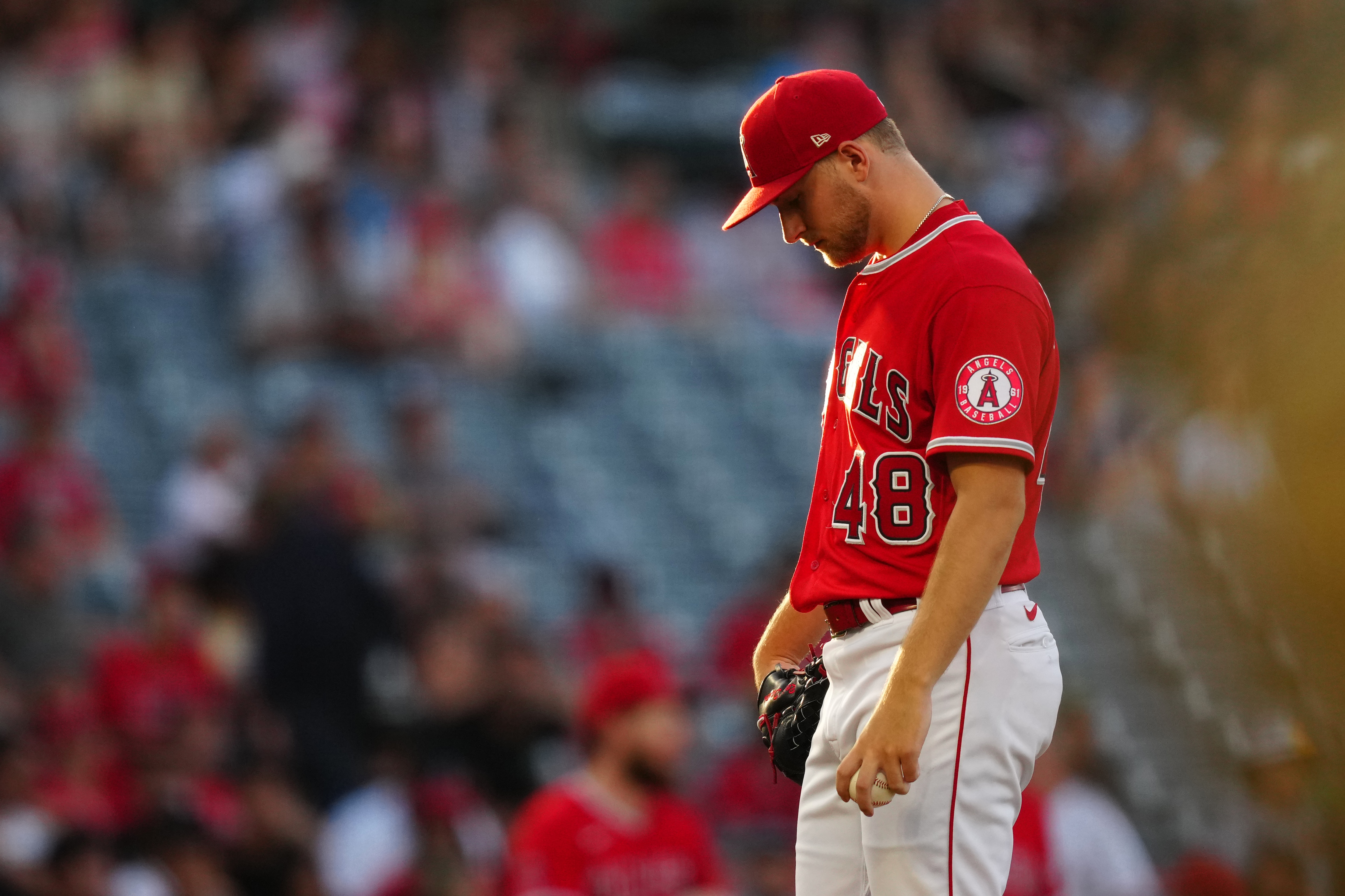 ANAHEIM, CA - JUNE 21: Reid Detmers #48 of the Los Angeles Angels pitches during the game between the Kansas City Royals and the Los Angeles Angels at Angel Stadium on Tuesday, June 21, 2022 in Anaheim, California. (Photo by Daniel Shirey/MLB Photos via Getty Images)