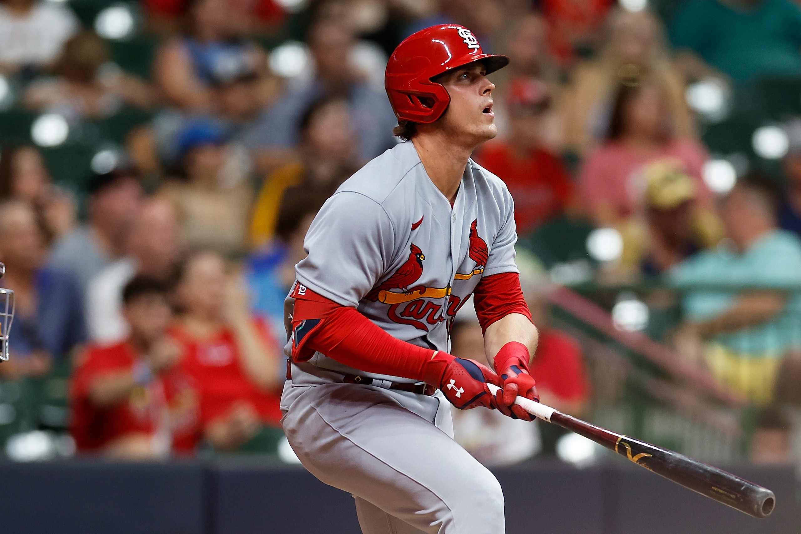 MILWAUKEE, WISCONSIN - JUNE 21: Nolan Gorman #16 of the St. Louis Cardinals watches a home run off his bat against the Milwaukee Brewers at American Family Field on June 21, 2022 in Milwaukee, Wisconsin. Cardinals defeated the Brewers 6-2. (Photo by John Fisher/Getty Images)