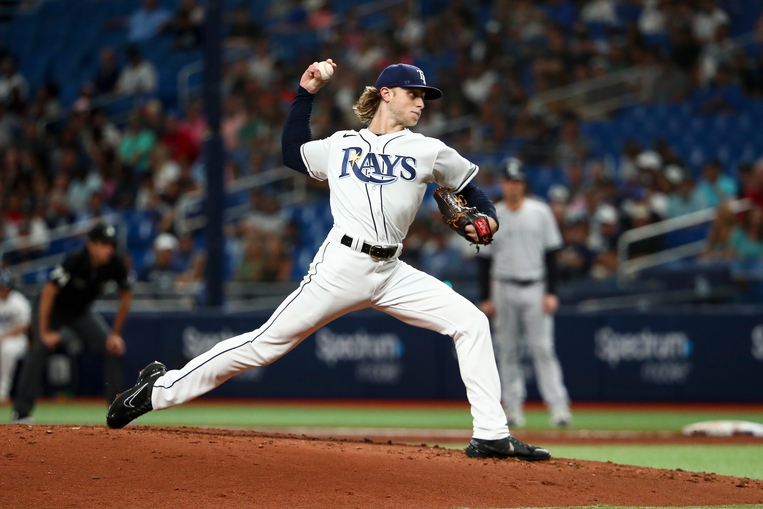 ST PETERSBURG, FL - JUNE 22: Shane Baz #11 of the Tampa Bay Rays throws a pitch during the third inning against the New York Yankees at Tropicana Field on June 22, 2022 in St Petersburg, Florida. (Photo by Kevin Sabitus/Getty Images)