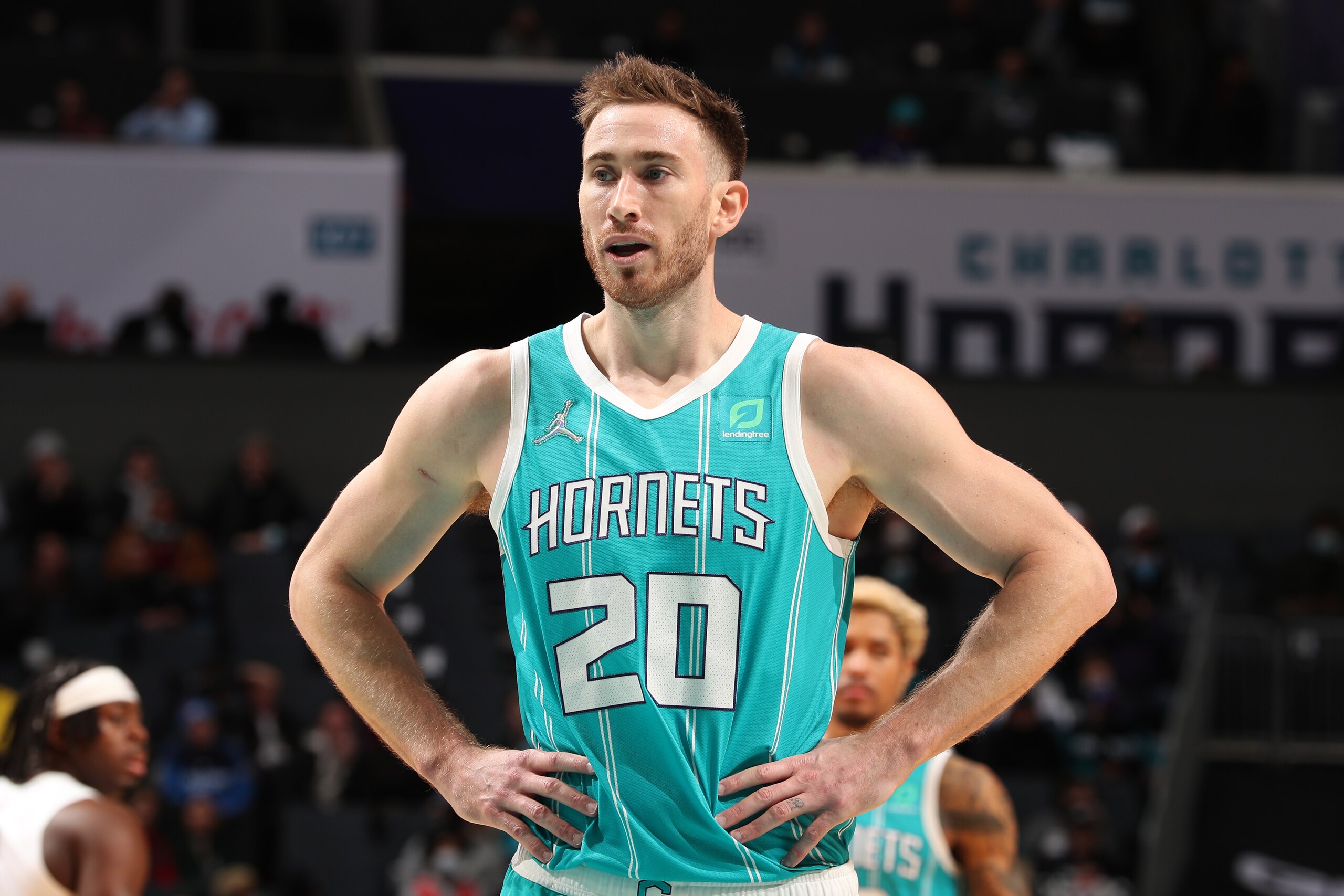 CHARLOTTE, NC - JANUARY 21: Gordon Hayward #20 of the Charlotte Hornets looks on during the game against the Oklahoma City Thunder on January 21, 2022 at Spectrum Center in Charlotte, North Carolina. NOTE TO USER: User expressly acknowledges and agrees that, by downloading and or using this photograph, User is consenting to the terms and conditions of the Getty Images License Agreement. Mandatory Copyright Notice: Copyright 2022 NBAE (Photo by Kent Smith/NBAE via Getty Images)