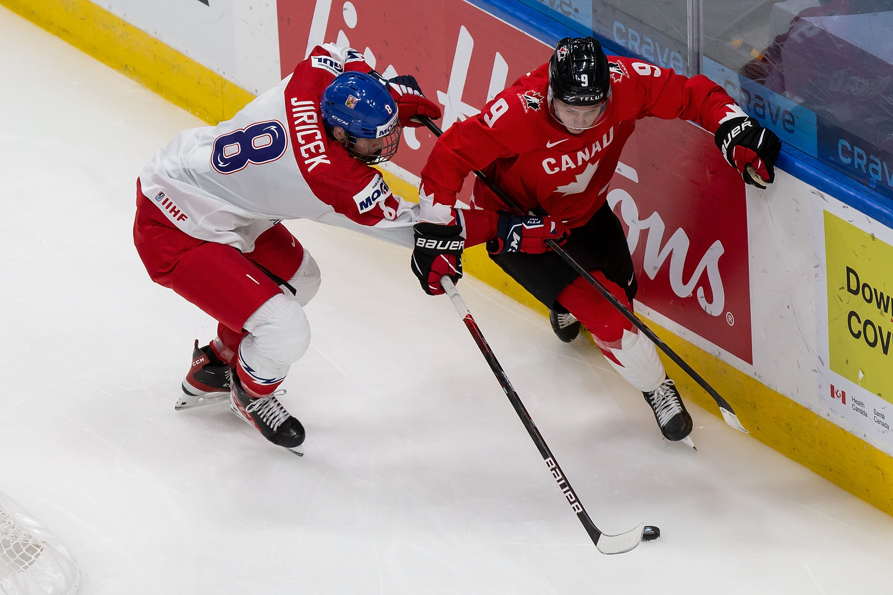 EDMONTON, AB - JANUARY 02: Connor Zary #9 of Canada skates against David Jiricek #8 of the Czech Republic during the 2021 IIHF World Junior Championship quarterfinals at Rogers Place on January 2, 2021 in Edmonton, Canada. (Photo by Codie McLachlan/Getty Images)