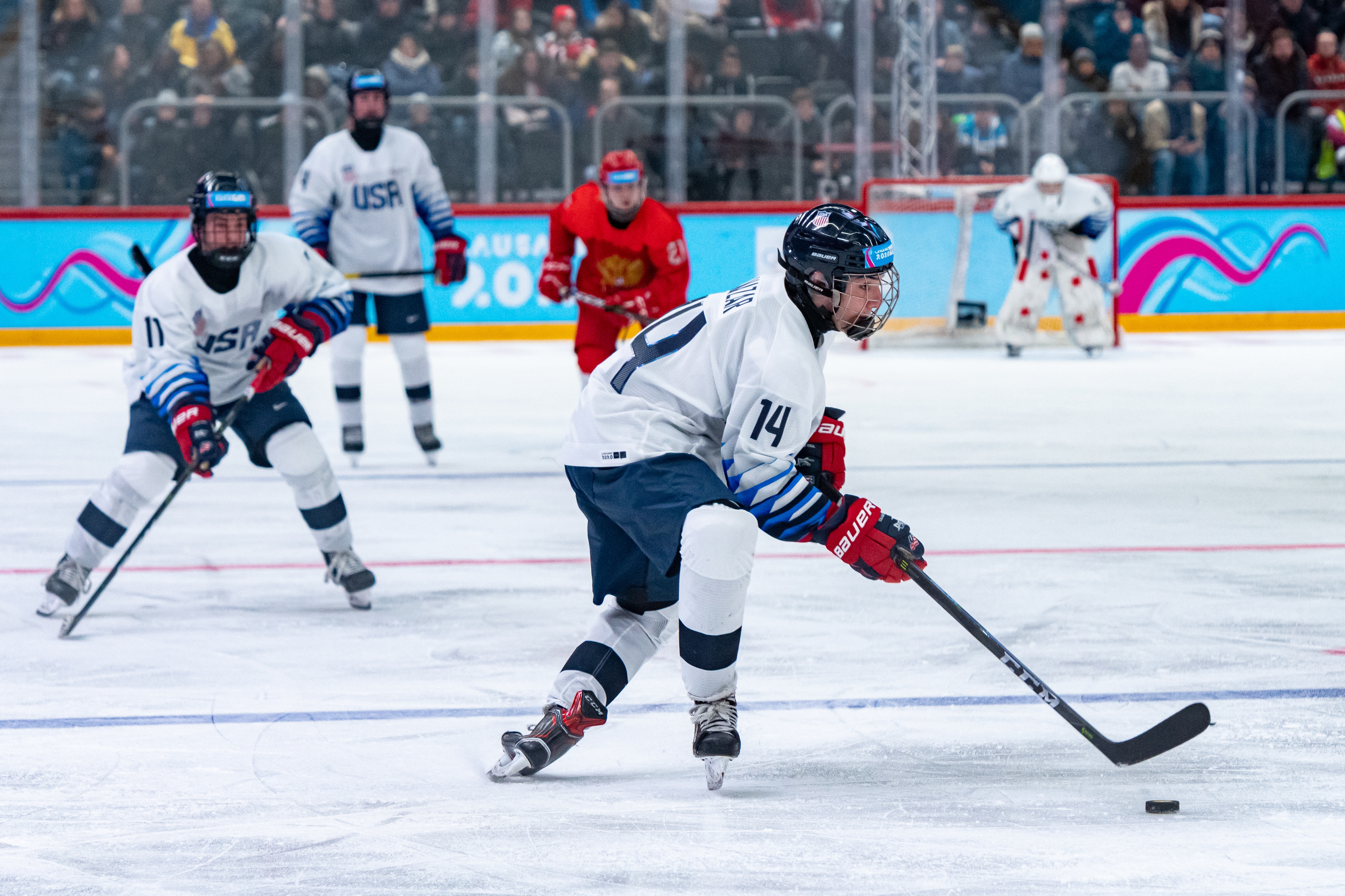 LAUSANNE, SWITZERLAND - JANUARY 22: #14 Frank Nazar of United States in action during Men's 6-Team Tournament Gold Medal Game between Russia and United States of the Lausanne 2020 Winter Youth Olympics on January 22, 2021 in Lausanne, Switzerland. (Photo by RvS.Media/Basile Barbey/Getty Images)