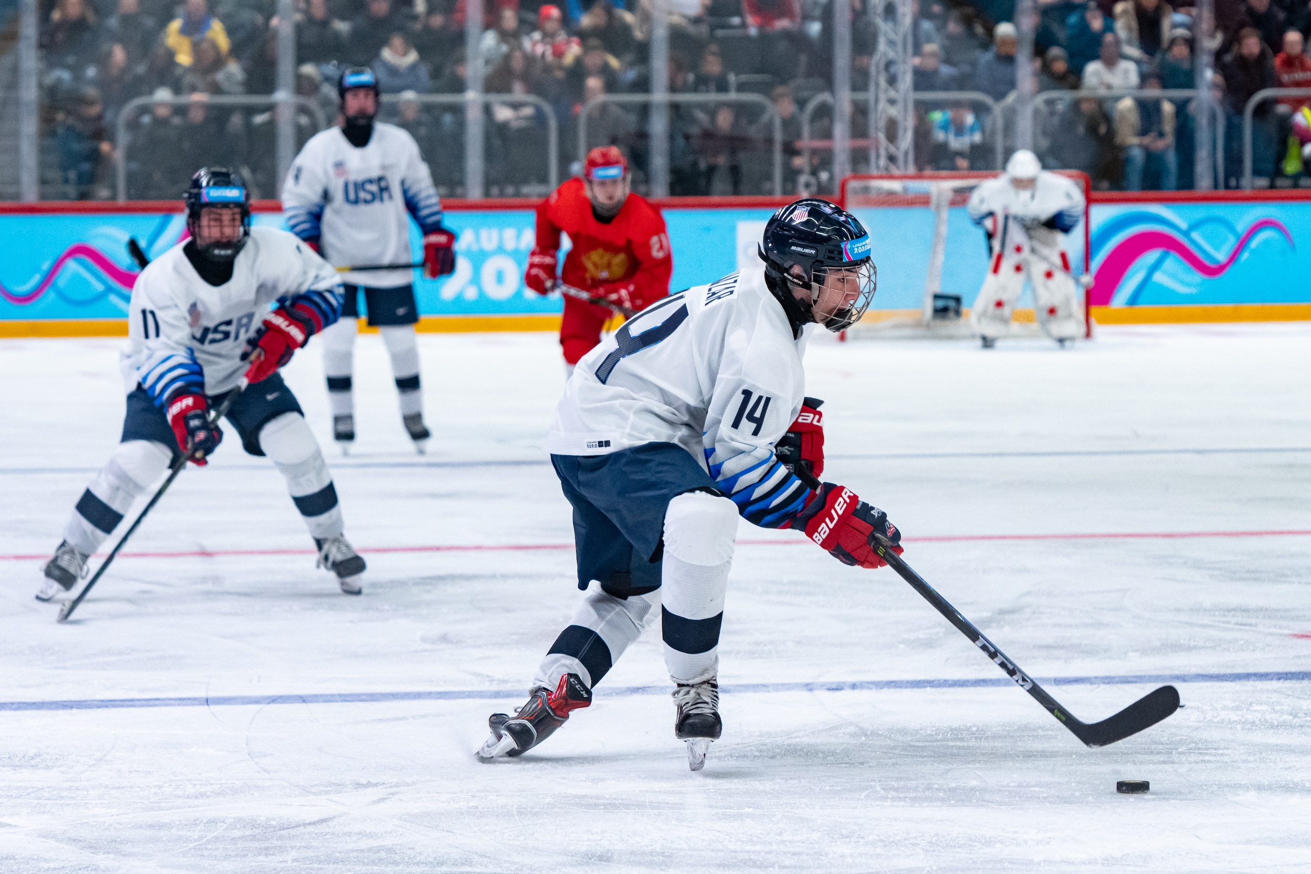 LAUSANNE, SWITZERLAND - JANUARY 22: #14 Frank Nazar of United States in action during Men's 6-Team Tournament Gold Medal Game between Russia and United States of the Lausanne 2020 Winter Youth Olympics on January 22, 2021 in Lausanne, Switzerland. (Photo by RvS.Media/Basile Barbey/Getty Images)