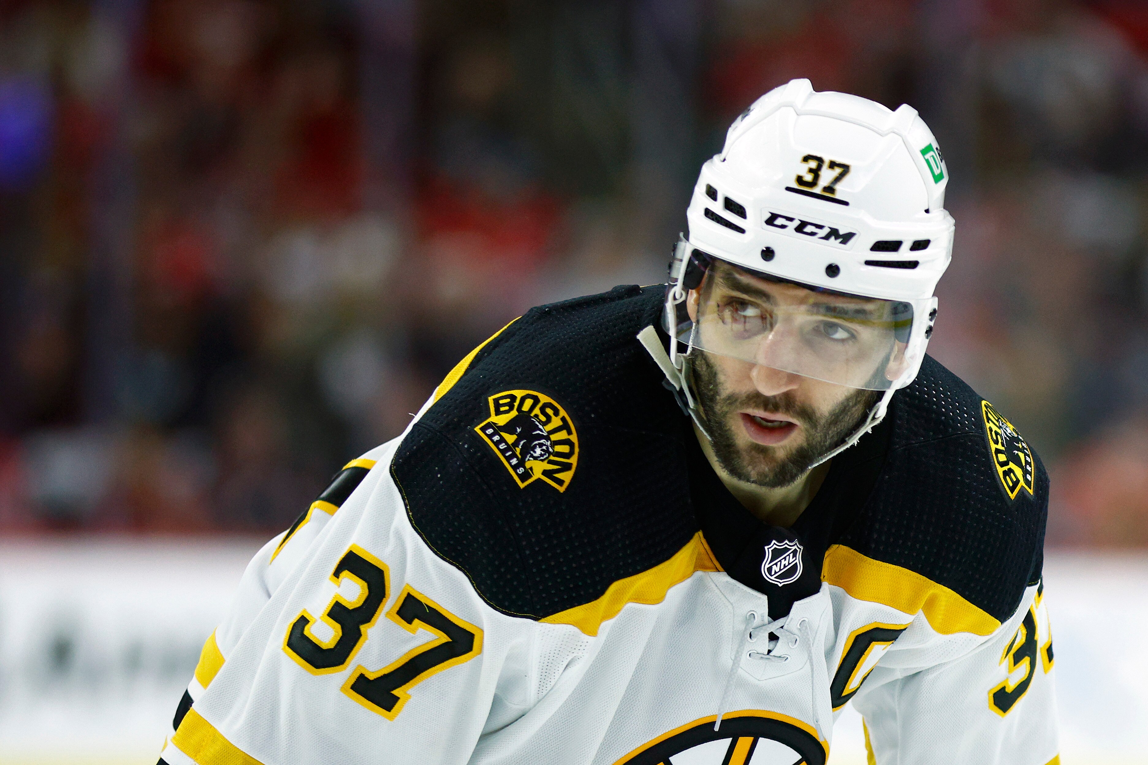 RALEIGH, NORTH CAROLINA - MAY 14: Patrice Bergeron #37 of the Boston Bruins looks on during the third period in Game Seven of the First Round of the 2022 Stanley Cup Playoffs against the Carolina Hurricanes at PNC Arena on May 14, 2022 in Raleigh, North Carolina. (Photo by Jared C. Tilton/Getty Images)
