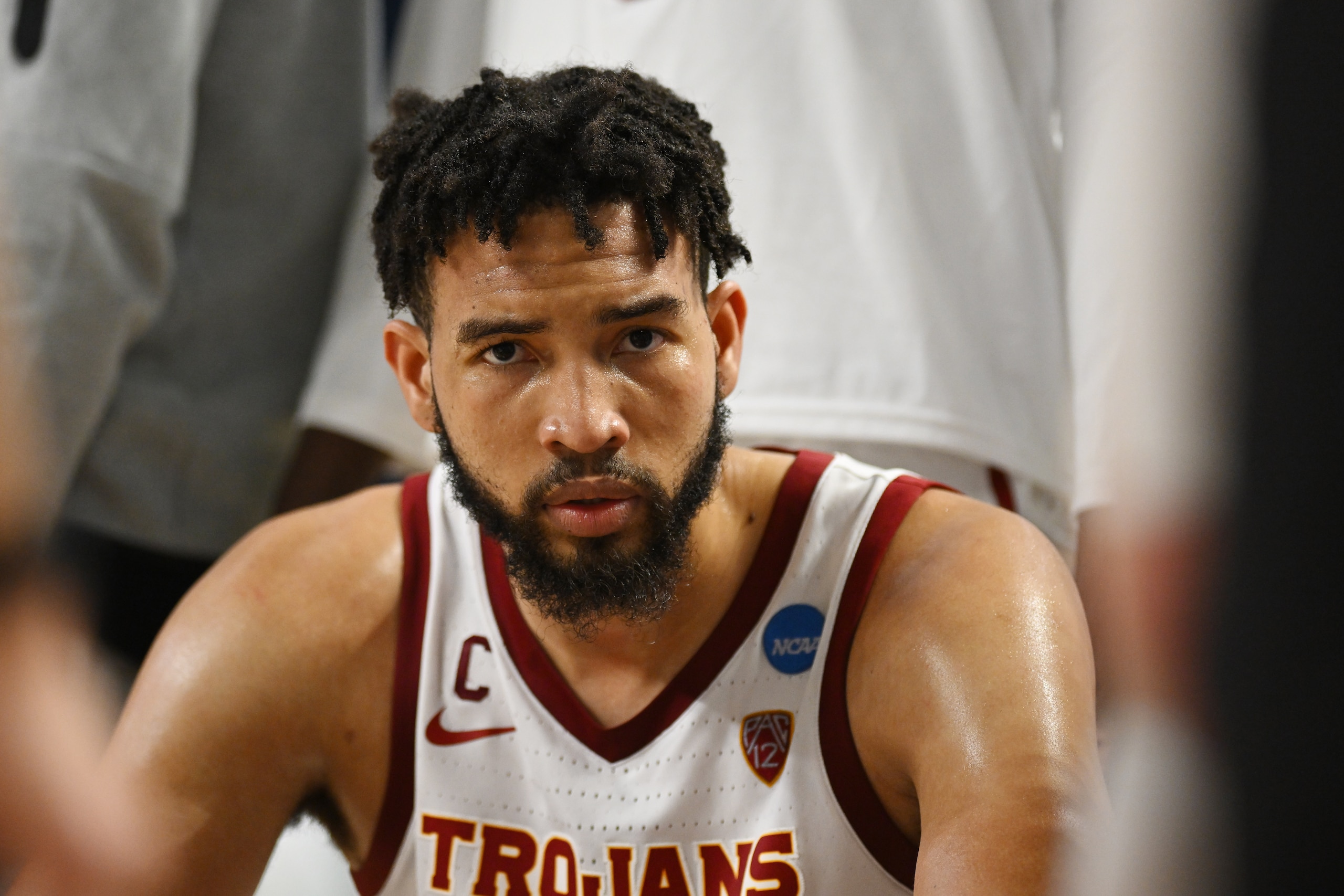 GREENVILLE, SC - MARCH 18: Isaiah Mobley (3) of the USC Trojans huddles up with his team during a break in play against the Miami Hurricanes during the first round of the 2022 NCAA Men's Basketball Tournament held at Bon Secours Wellness Arena on March 18, 2022 in Greenville, South Carolina. (Photo by Grant Halverson/NCAA Photos via Getty Images)