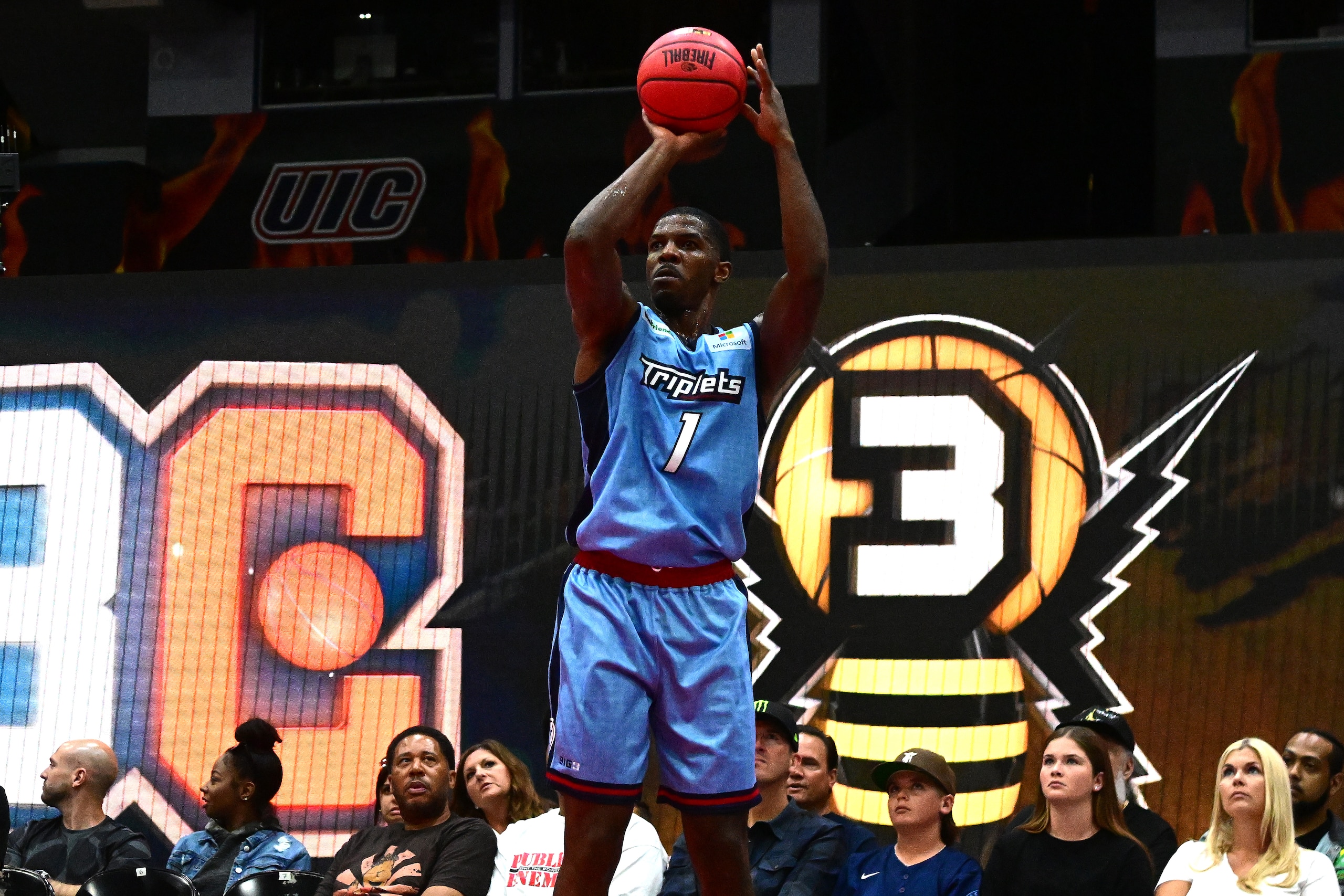 CHICAGO, ILLINOIS - JUNE 18: Joe Johnson #1 of the Triplets shoots a three pointer against the Trilogy during Week One at Credit Union 1 Arena on June 18, 2022 in Chicago, Illinois. (Photo by Quinn Harris/Getty Images for BIG3)