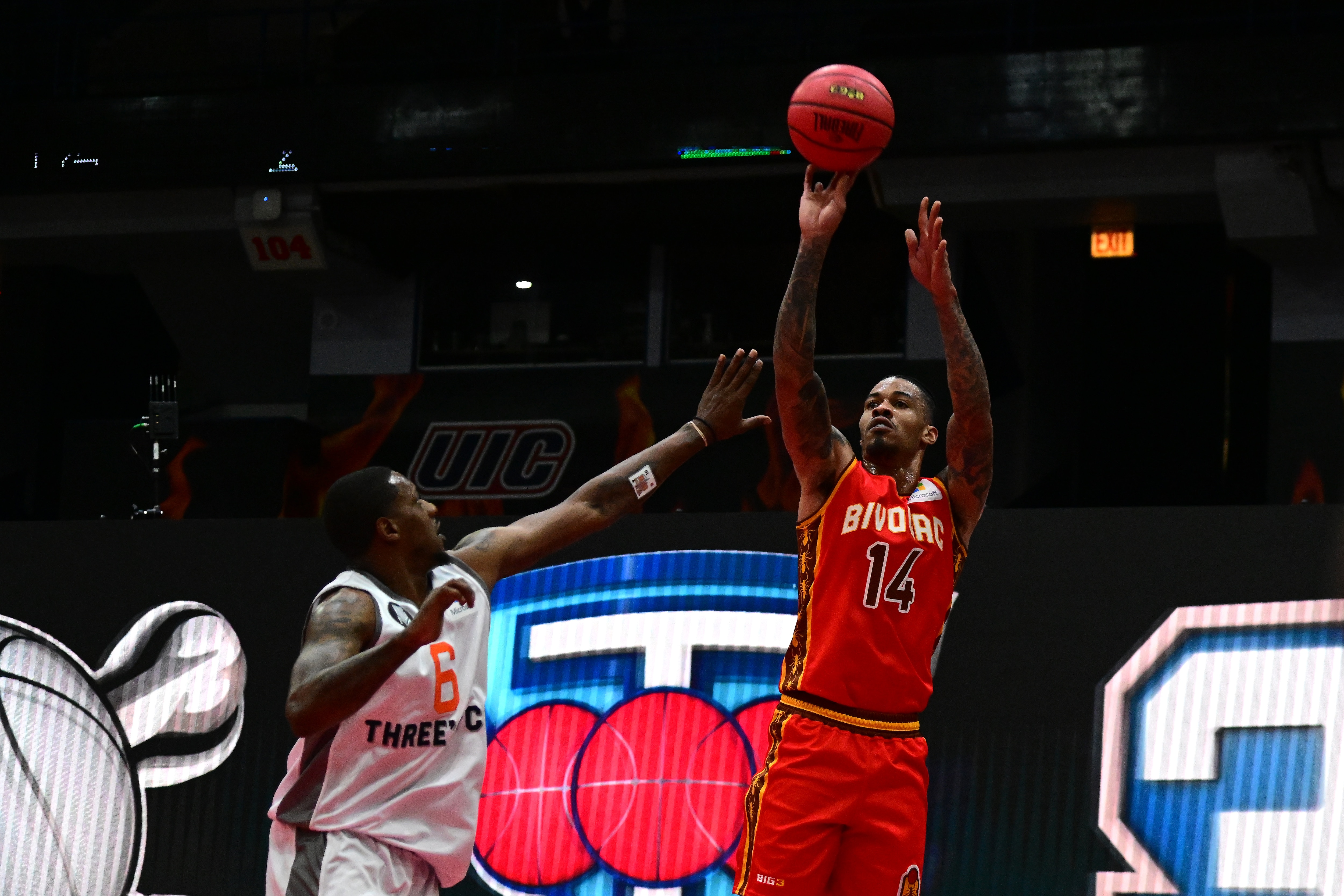 CHICAGO, ILLINOIS - JUNE 18: Gerald Green #14 of Bivouac attempts a shot against Mario Chalmers #15 of 3's Company during Week One at Credit Union 1 Arena on June 18, 2022 in Chicago, Illinois. (Photo by Quinn Harris/Getty Images for BIG3)