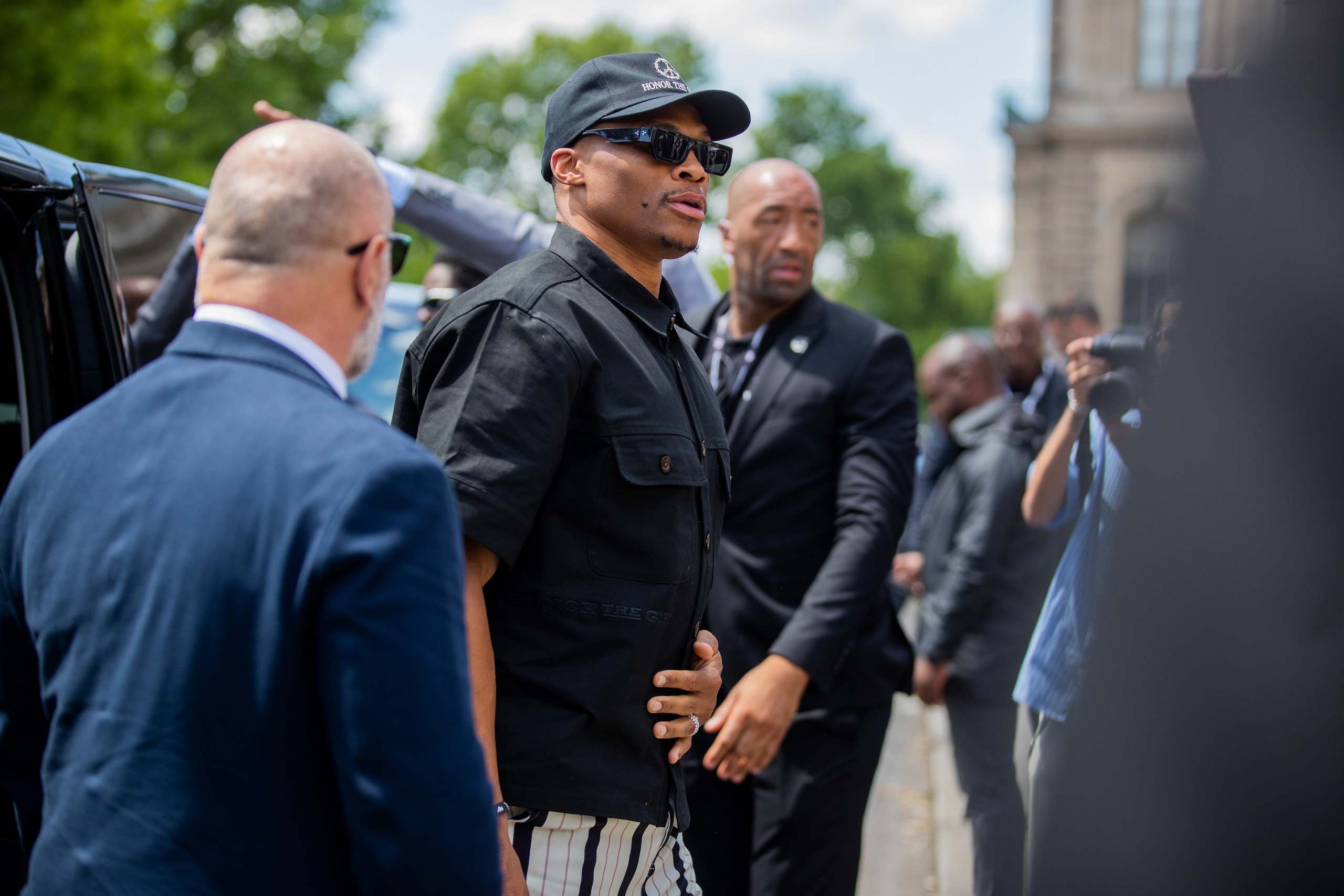 PARIS, FRANCE - JUNE 23: Russell Westbrook is seen outside Louis Vuitton during Paris Fashion Week - Menswear Spring/Summer 2023 on June 23, 2022 in Paris, France. (Photo by Christian Vierig/Getty Images)