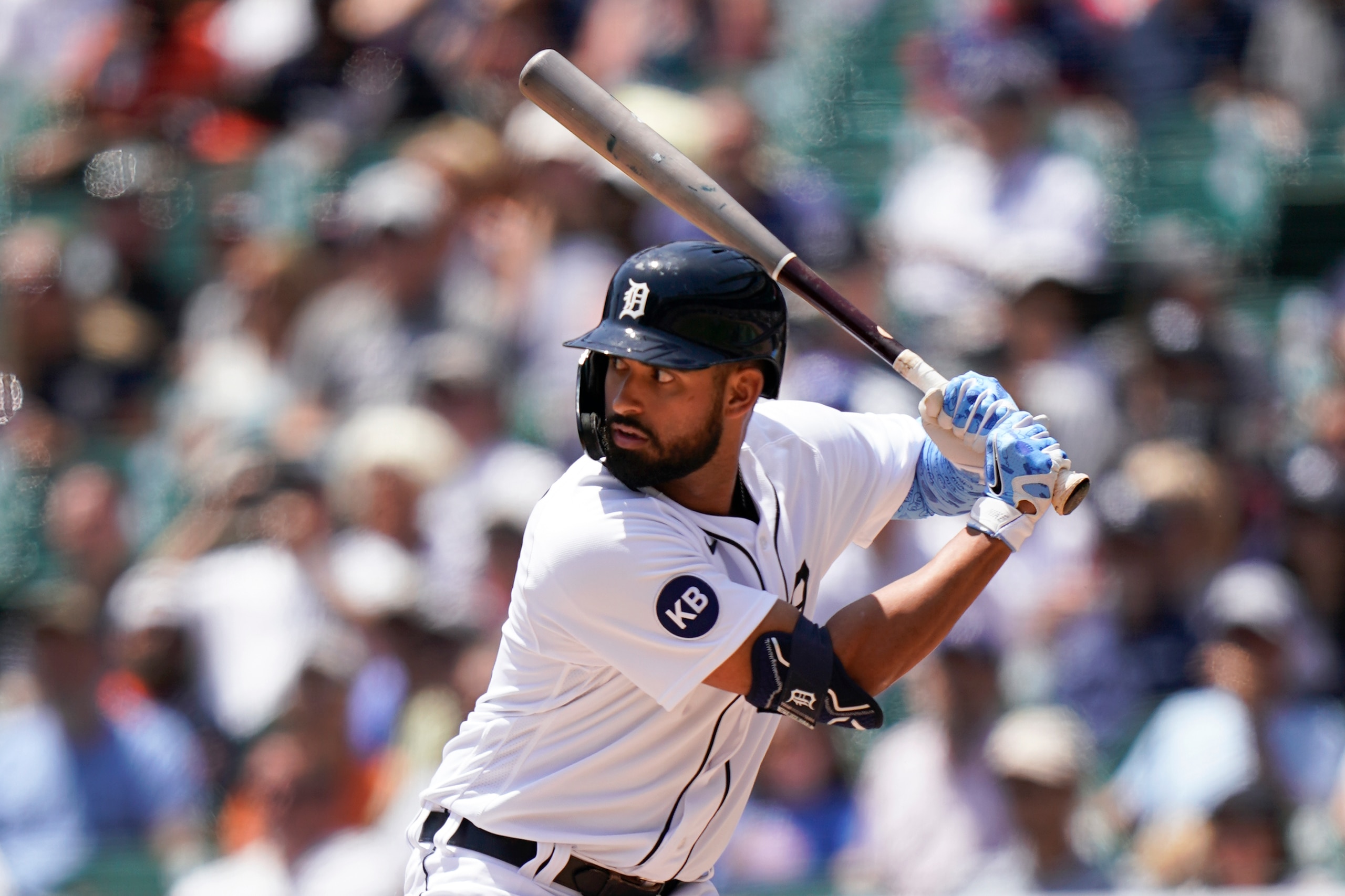 Detroit Tigers' Riley Greene bats against the Texas Rangers in the first inning of a baseball game in Detroit, Sunday, June 19, 2022. (AP Photo/Paul Sancya)