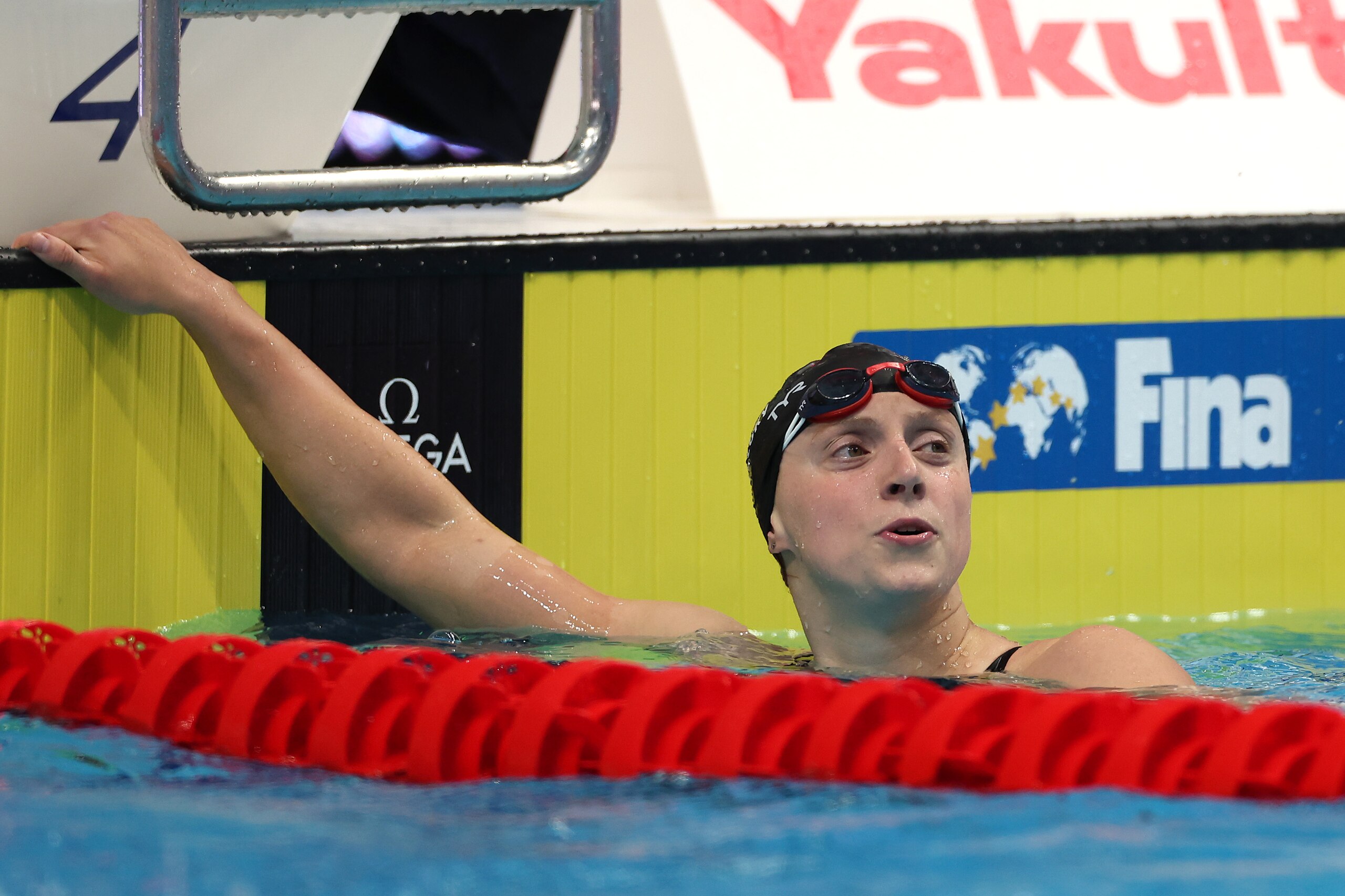 BUDAPEST, HUNGARY - JUNE 24: Katie Ledecky of Team United States celebrates after winning Gold in the Women's 800m Freestyle Final on day seven of the Budapest 2022 FINA World Championships at Duna Arena on June 24, 2022 in Budapest, Hungary. (Photo by Maddie Meyer/Getty Images)