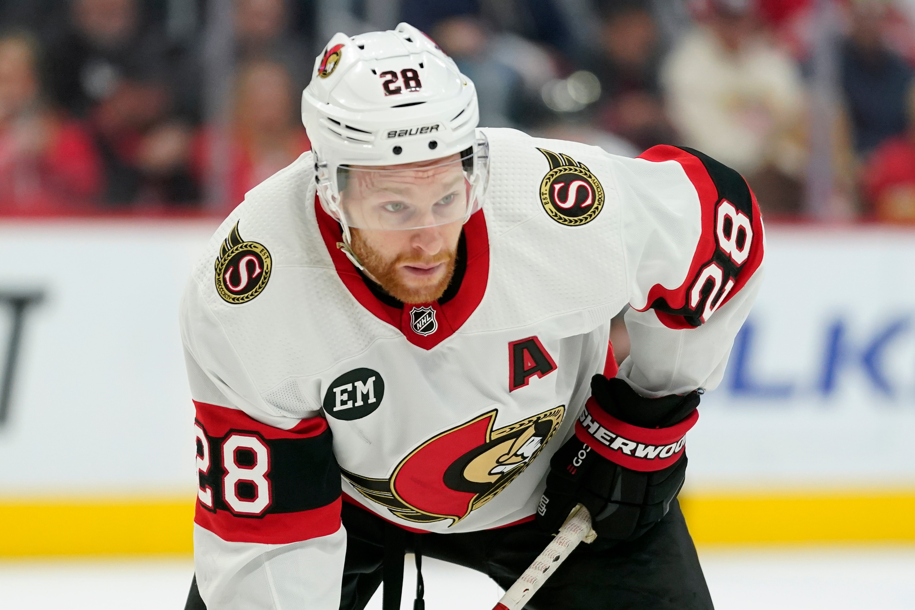 Ottawa Senators right wing Connor Brown (28) plays against the Detroit Red Wings in the first period of an NHL hockey game Friday, April 1, 2022, in Detroit. (AP Photo/Paul Sancya)