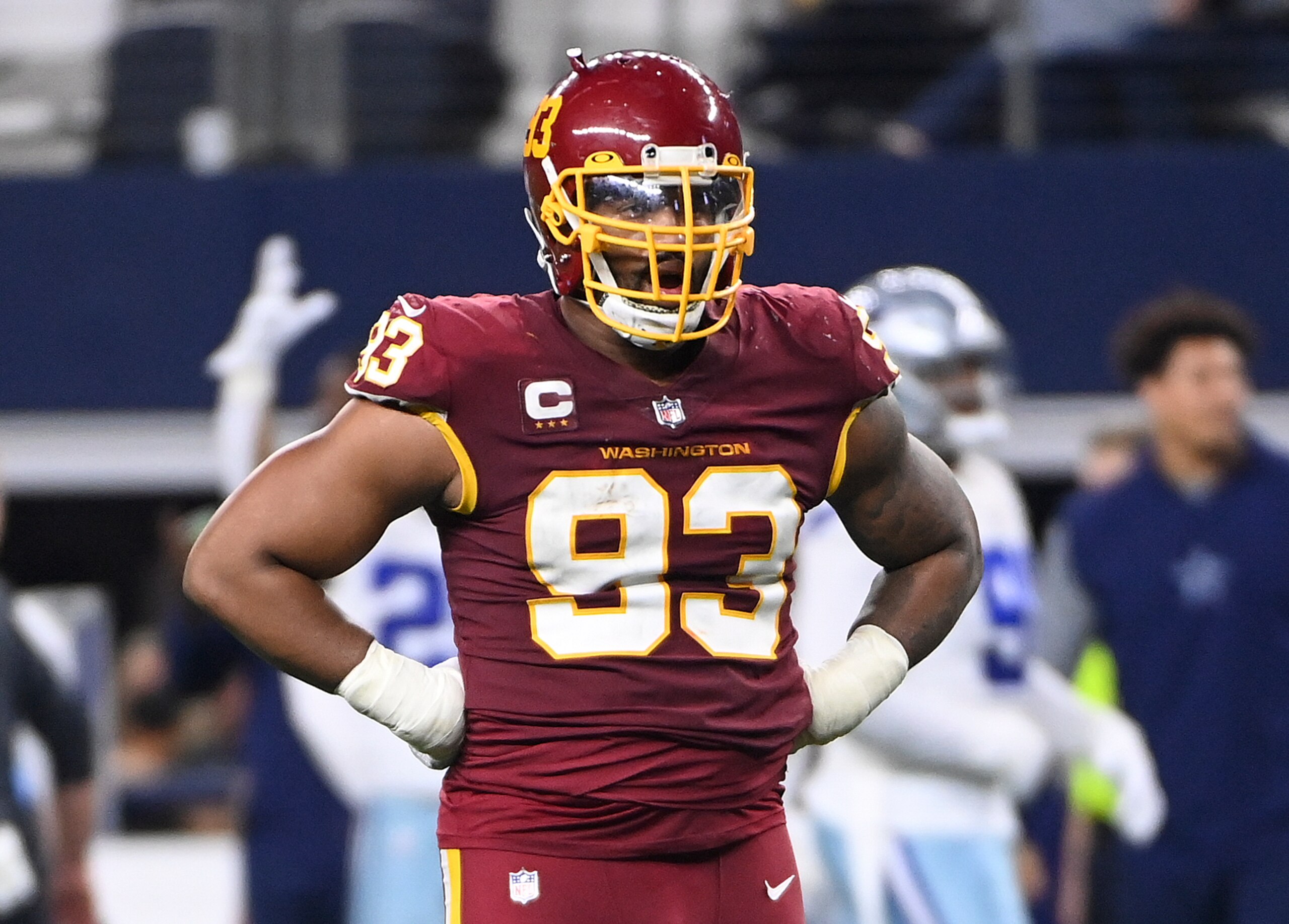 ARLINGTON, TX - DECEMBER 26: Washington Football Team defensive tackle Jonathan Allen (93) on the field during the second quarter of the game between the Washington Football Team and the Dallas Cowboys at AT&T Stadium on Sunday, December 26, 2021.   (Photo by Jonathan Newton/The Washington Post via Getty Images)