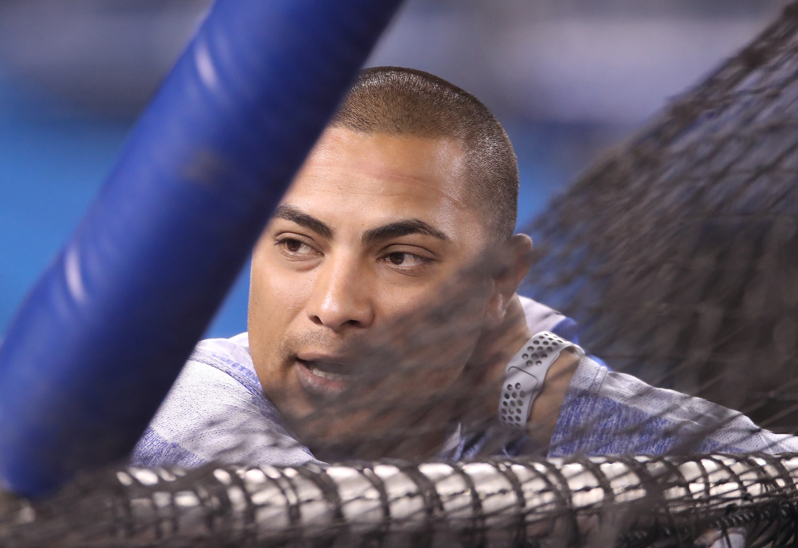 TORONTO, ON - MARCH 30: Hitting coach Guillermo Martinez #16 of the Toronto Blue Jays looks on during batting practice before the start of MLB game action against the Detroit Tigers at Rogers Centre on March 30, 2019 in Toronto, Canada. (Photo by Tom Szczerbowski/Getty Images)