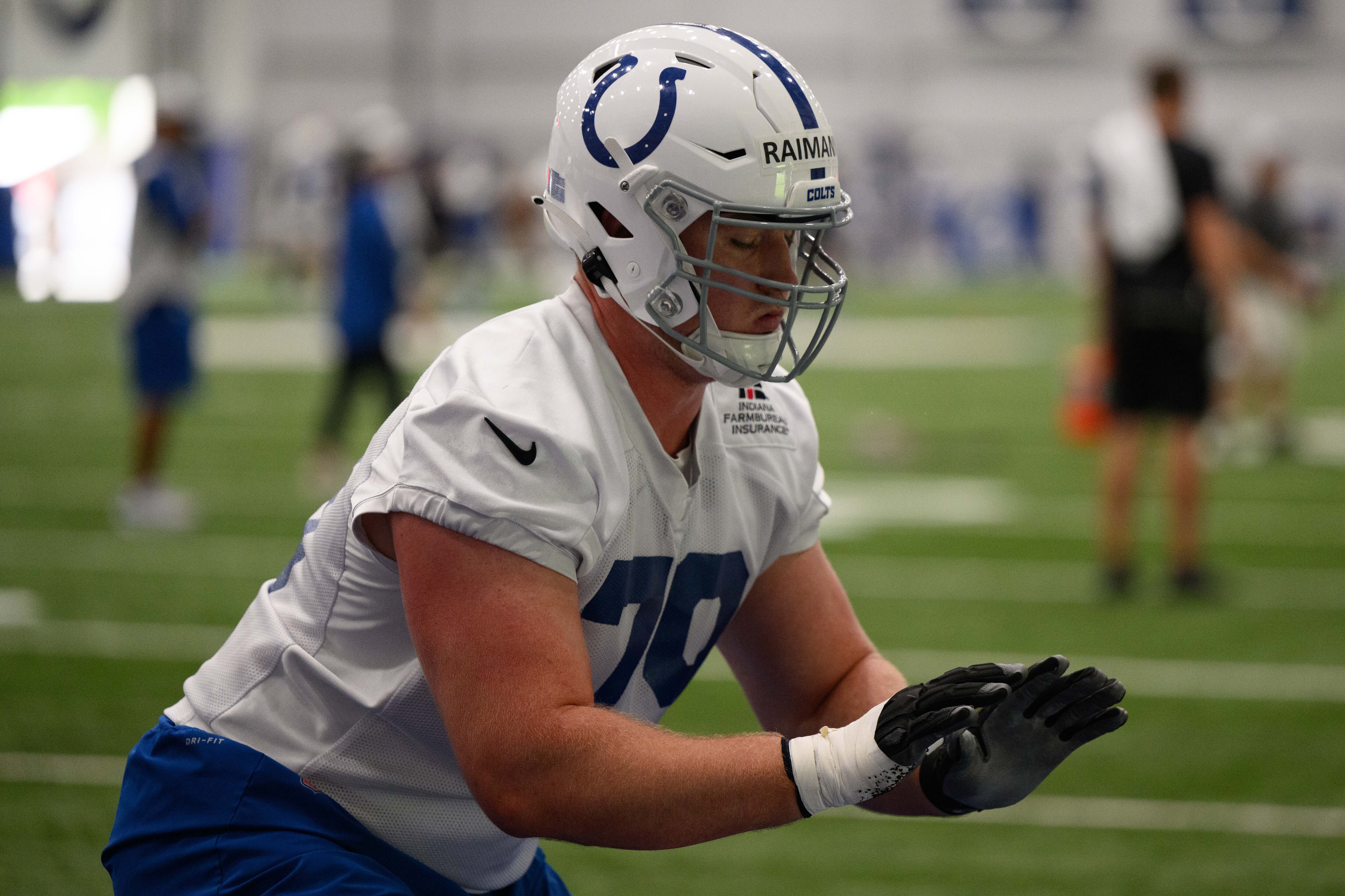 INDIANAPOLIS, IN - MAY 25:Indianapolis Colts tackle Bernhard Raimann (79) runs through a drill during the Indianapolis Colts OTA offseason workouts on May 25, 2022 at the Indiana Farm Bureau Football Center in Indianapolis, IN. (Photo by Zach Bolinger/Icon Sportswire via Getty Images)