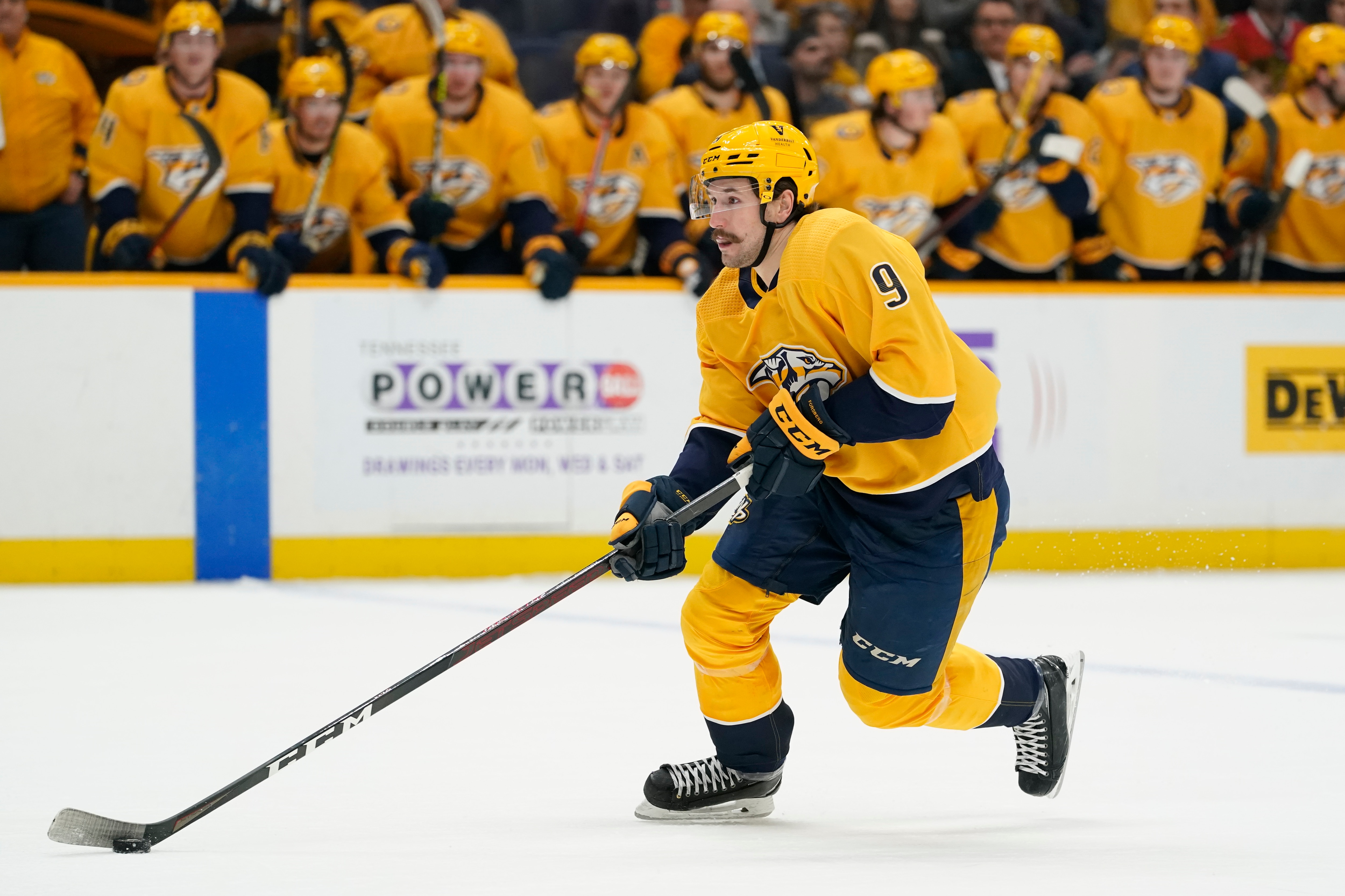 Nashville Predators' Filip Forsberg plays against the Chicago Blackhawks in the second period of an NHL hockey game Saturday, April 16, 2022, in Nashville, Tenn. (AP Photo/Mark Humphrey)