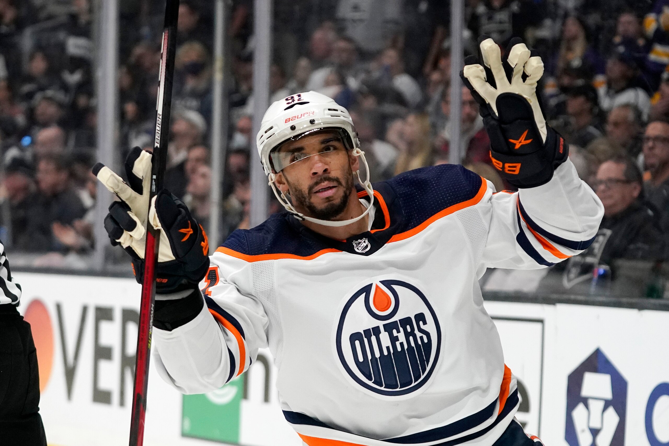 Edmonton Oilers left wing Evander Kane gestures after scoring an empty net goal during the third period in Game 6 of an NHL hockey Stanley Cup first-round playoff series against the Los Angeles Kings Thursday, May 12, 2022, in Los Angeles. (AP Photo/Mark J. Terrill) Edmonton Oilers left wing Evander Kane gestures after scoring an empty net goal during the third period in Game 6 of an NHL hockey Stanley Cup first-round playoff series against the Los Angeles Kings Thursday, May 12, 2022, in Los Angeles. (AP Photo/Mark J. Terrill)