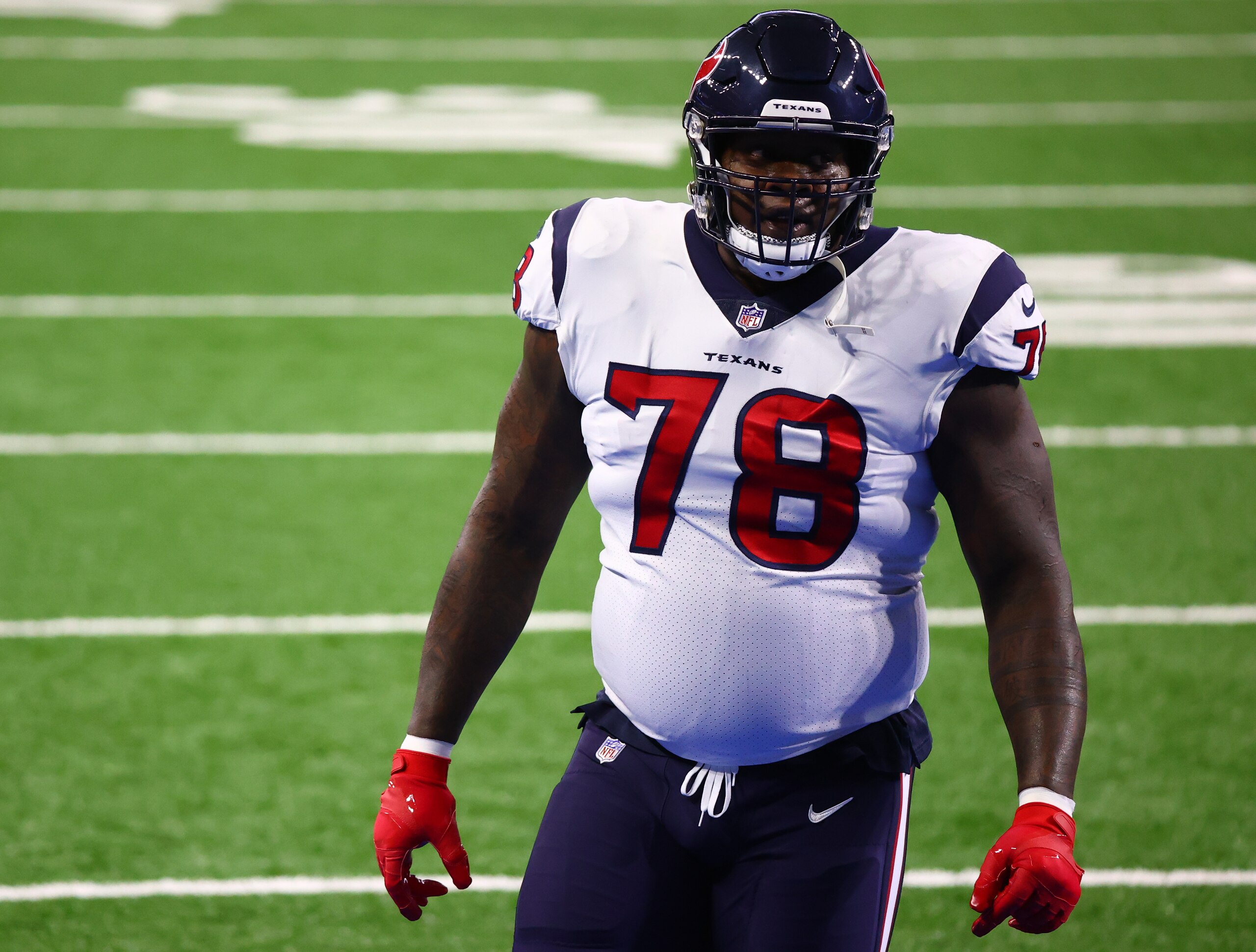 DETROIT, MI - NOVEMBER 26: Laremy Tunsil #78 of the Houston Texans participates in warmups prior to a game against the Detroit Lions at Ford Field on November 26, 2020 in Detroit, Michigan. (Photo by Rey Del Rio/Getty Images)