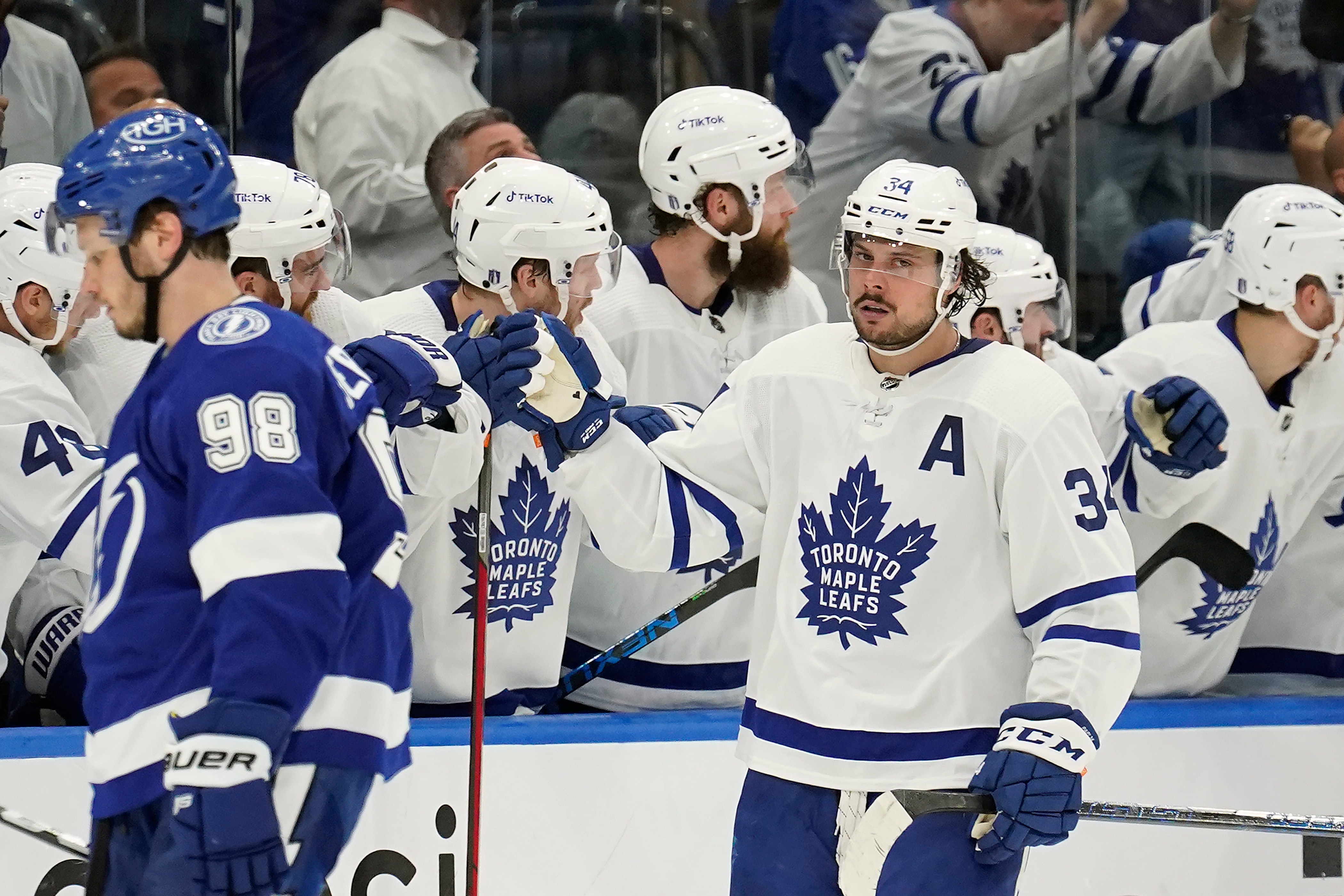 Toronto Maple Leafs center Auston Matthews (34) celebrates his goal against the Tampa Bay Lightning during the second period in Game 6 of an NHL hockey first-round playoff series Thursday, May 12, 2022, in Tampa, Fla. (AP Photo/Chris O'Meara)