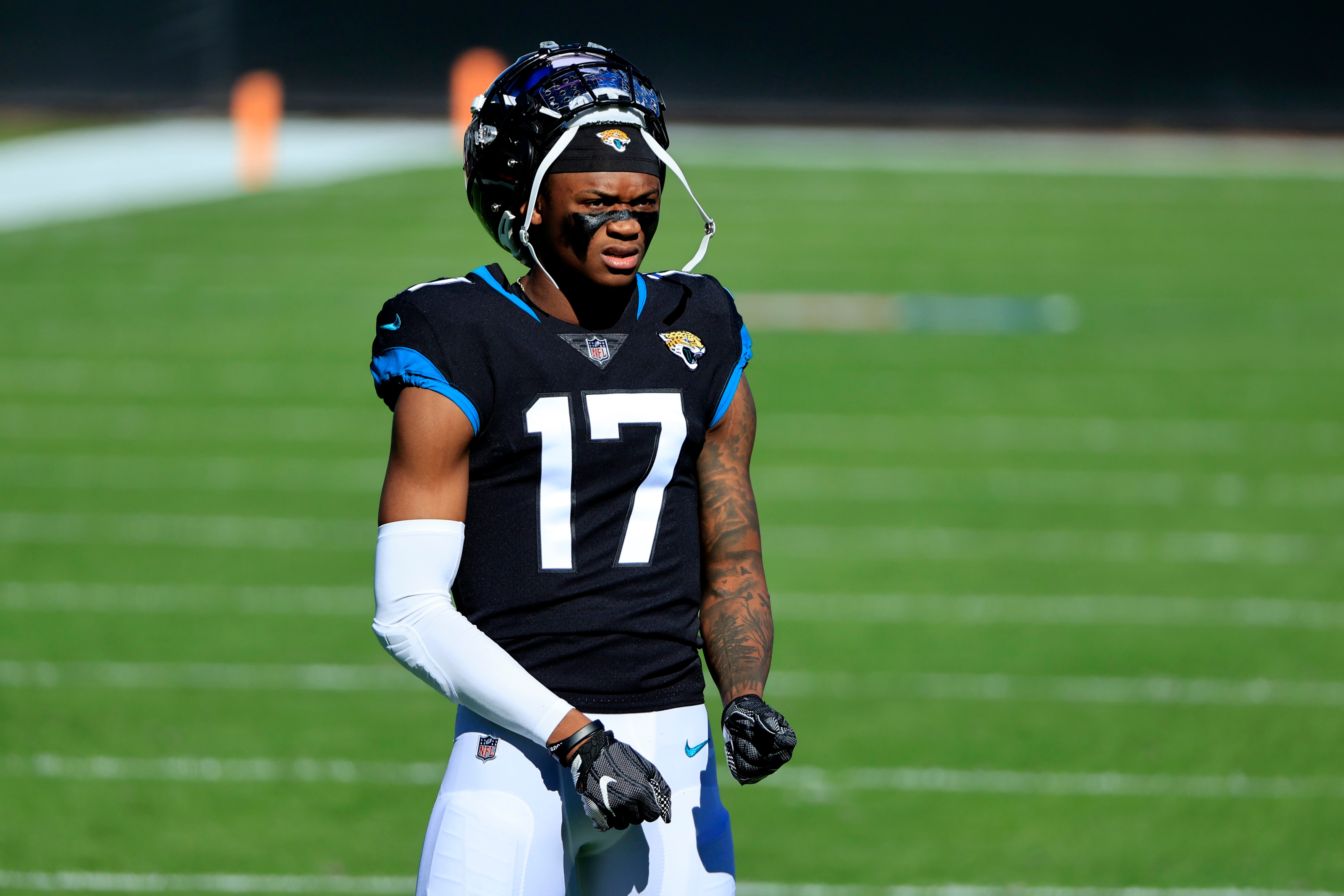JACKSONVILLE, FLORIDA - DECEMBER 27: DJ Chark Jr. #17 of the Jacksonville Jaguars looks on before the game against the Chicago Bears at TIAA Bank Field on December 27, 2020 in Jacksonville, Florida. (Photo by Sam Greenwood/Getty Images)