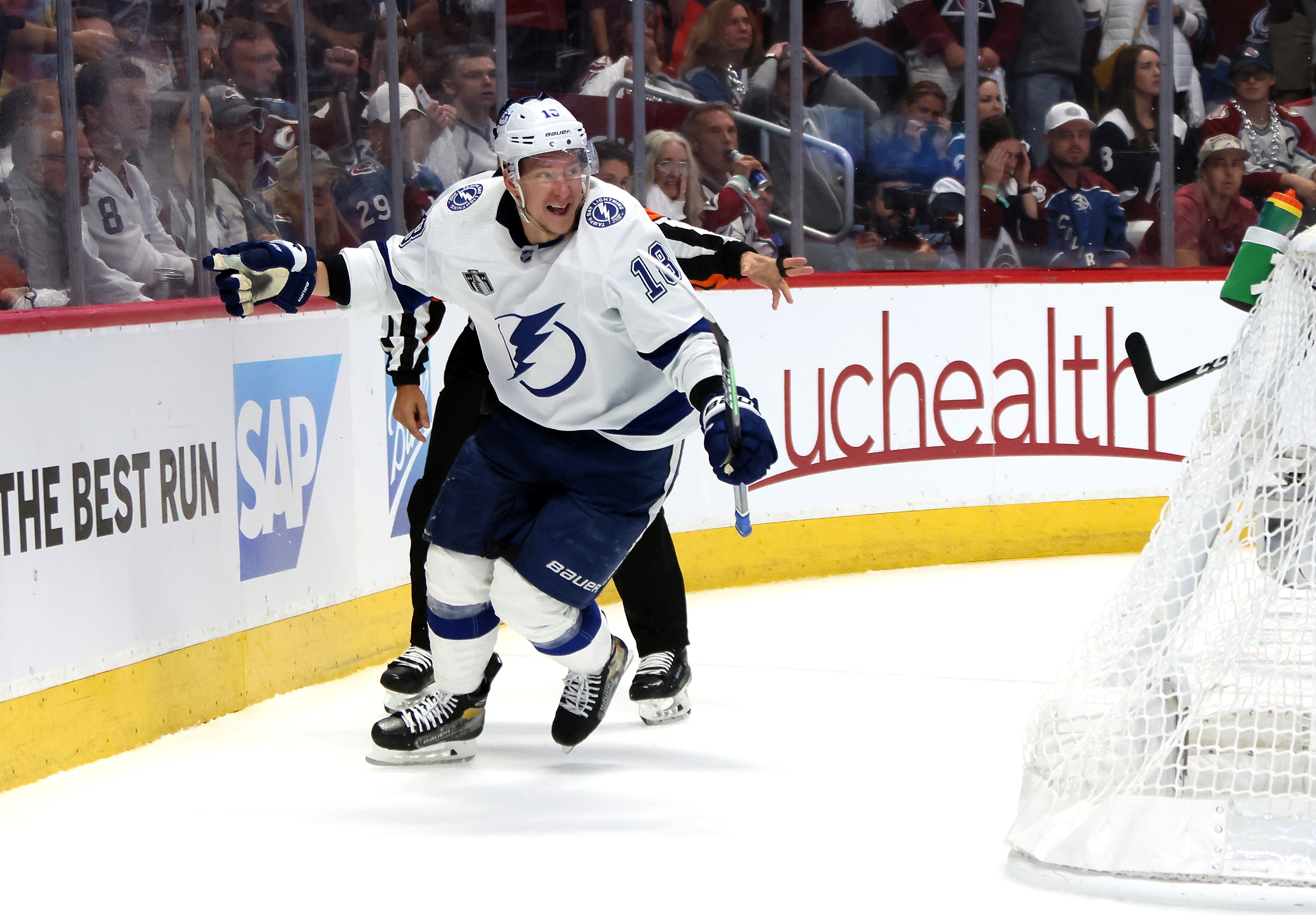 DENVER, COLORADO - JUNE 24: Ondrej Palat #18 of the Tampa Bay Lightning celebrates a goal against the Colorado Avalanche during the third period in Game Five of the 2022 NHL Stanley Cup Final at Ball Arena on June 24, 2022 in Denver, Colorado. (Photo by Bruce Bennett/Getty Images)