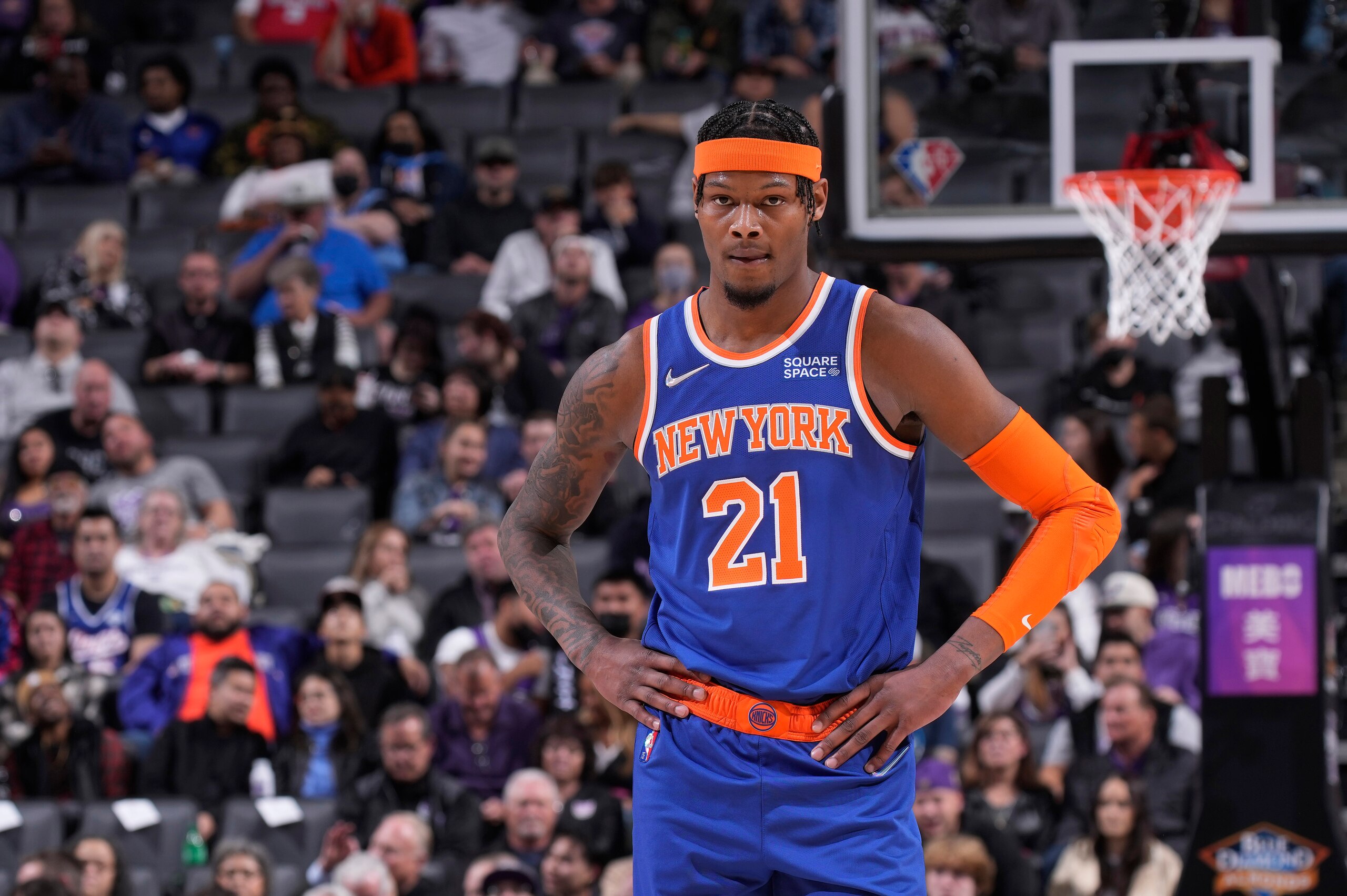 SACRAMENTO, CA - MARCH 7: Cam Reddish #21 of the New York Knicks looks on during the game against the Sacramento Kings on March 7, 2022 at Golden 1 Center in Sacramento, California. NOTE TO USER: User expressly acknowledges and agrees that, by downloading and or using this photograph, User is consenting to the terms and conditions of the Getty Images Agreement. Mandatory Copyright Notice: Copyright 2022 NBAE (Photo by Rocky Widner/NBAE via Getty Images) SACRAMENTO, CA - MARCH 7: Cam Reddish #21 of the New York Knicks looks on during the game against the Sacramento Kings on March 7, 2022 at Golden 1 Center in Sacramento, California. NOTE TO USER: User expressly acknowledges and agrees that, by downloading and or using this photograph, User is consenting to the terms and conditions of the Getty Images Agreement. Mandatory Copyright Notice: Copyright 2022 NBAE (Photo by Rocky Widner/NBAE via Getty Images)
