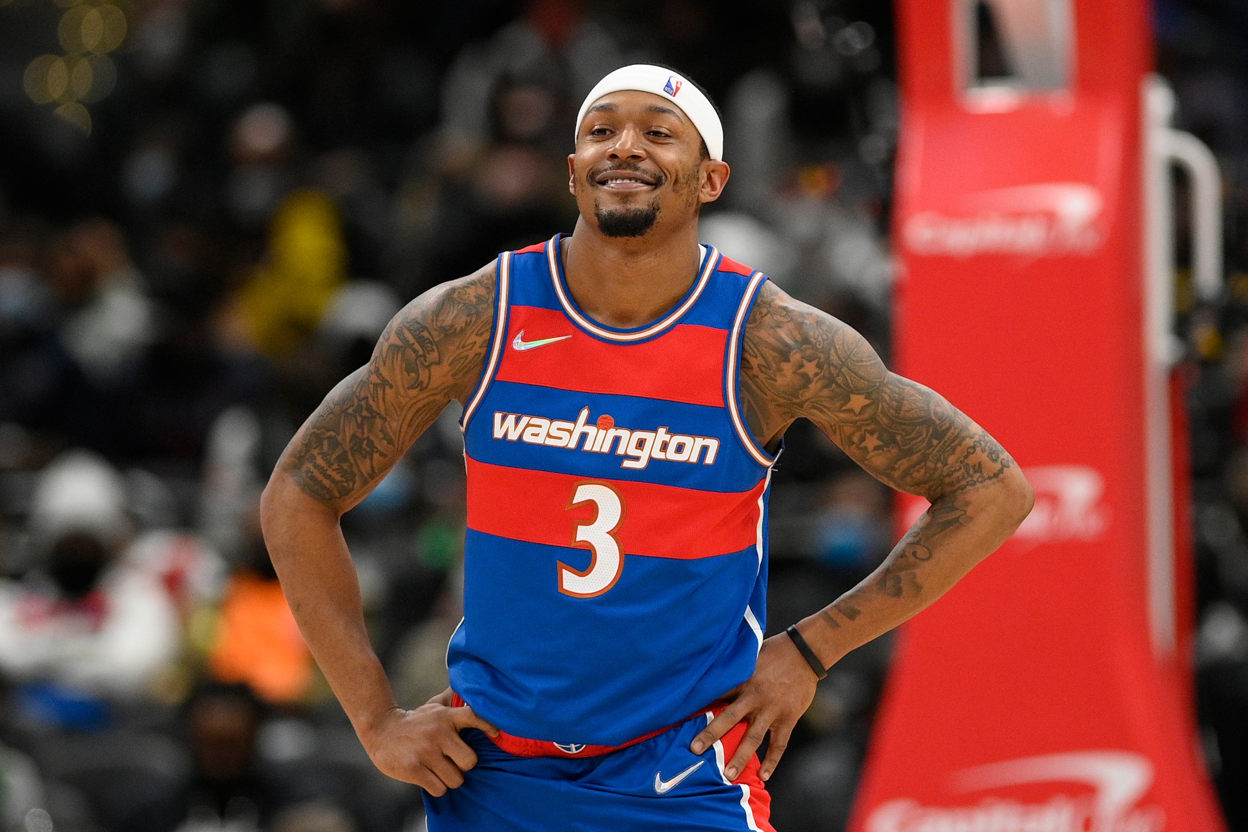 Washington Wizards guard Bradley Beal (3) looks on during the second half of an NBA basketball game against the Boston Celtics, Sunday, Jan. 23, 2022, in Washington. The Celtics won 116-87. (AP Photo/Nick Wass)