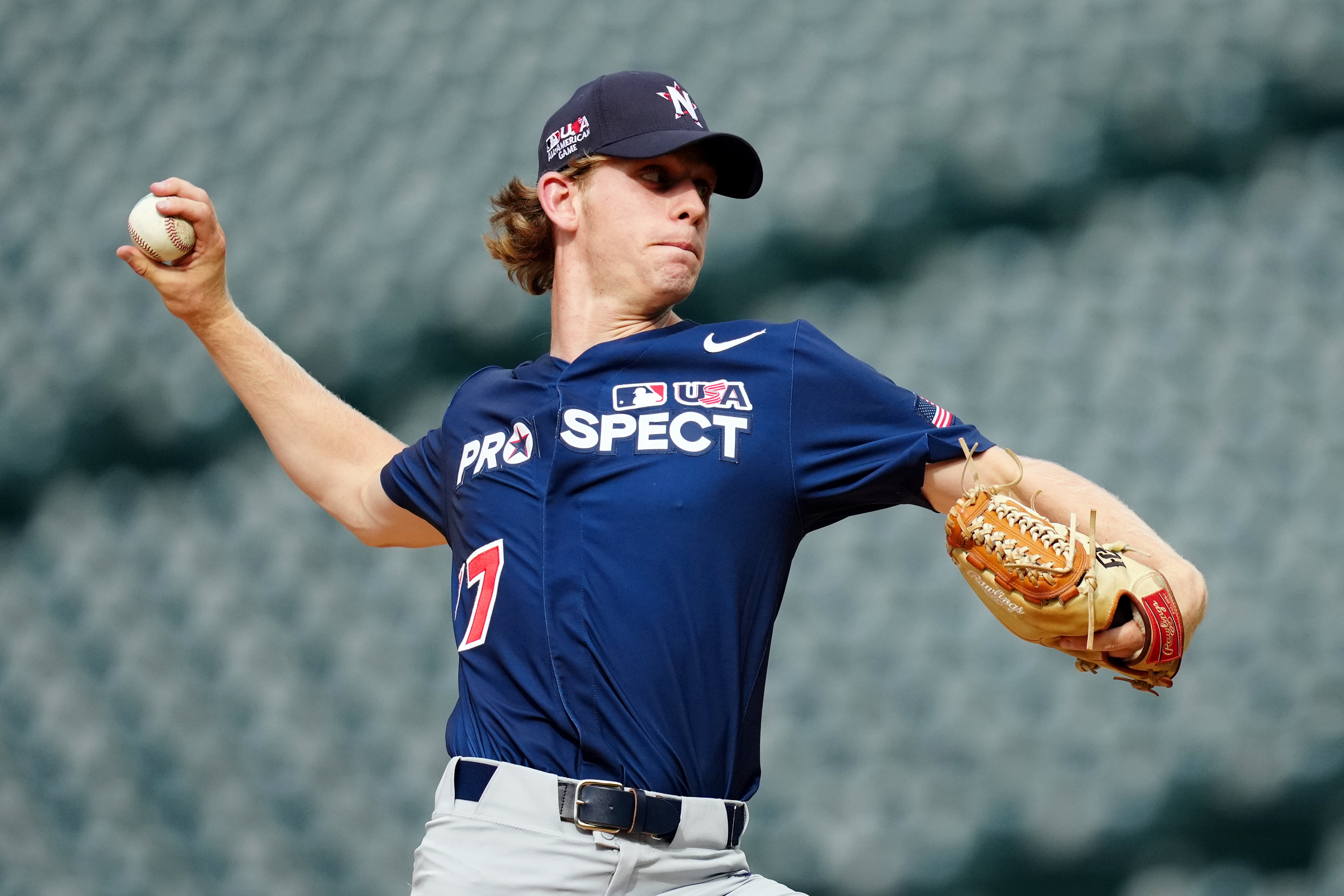 DENVER, CO - JULY 09:  Dylan Lesko #17 of the National League Team pitches during the MLB USA Baseball All-American Game at Coors Field on Friday, July 9, 2021 in Denver, Colorado. (Photo by Daniel Shirey/MLB Photos via Getty Images)