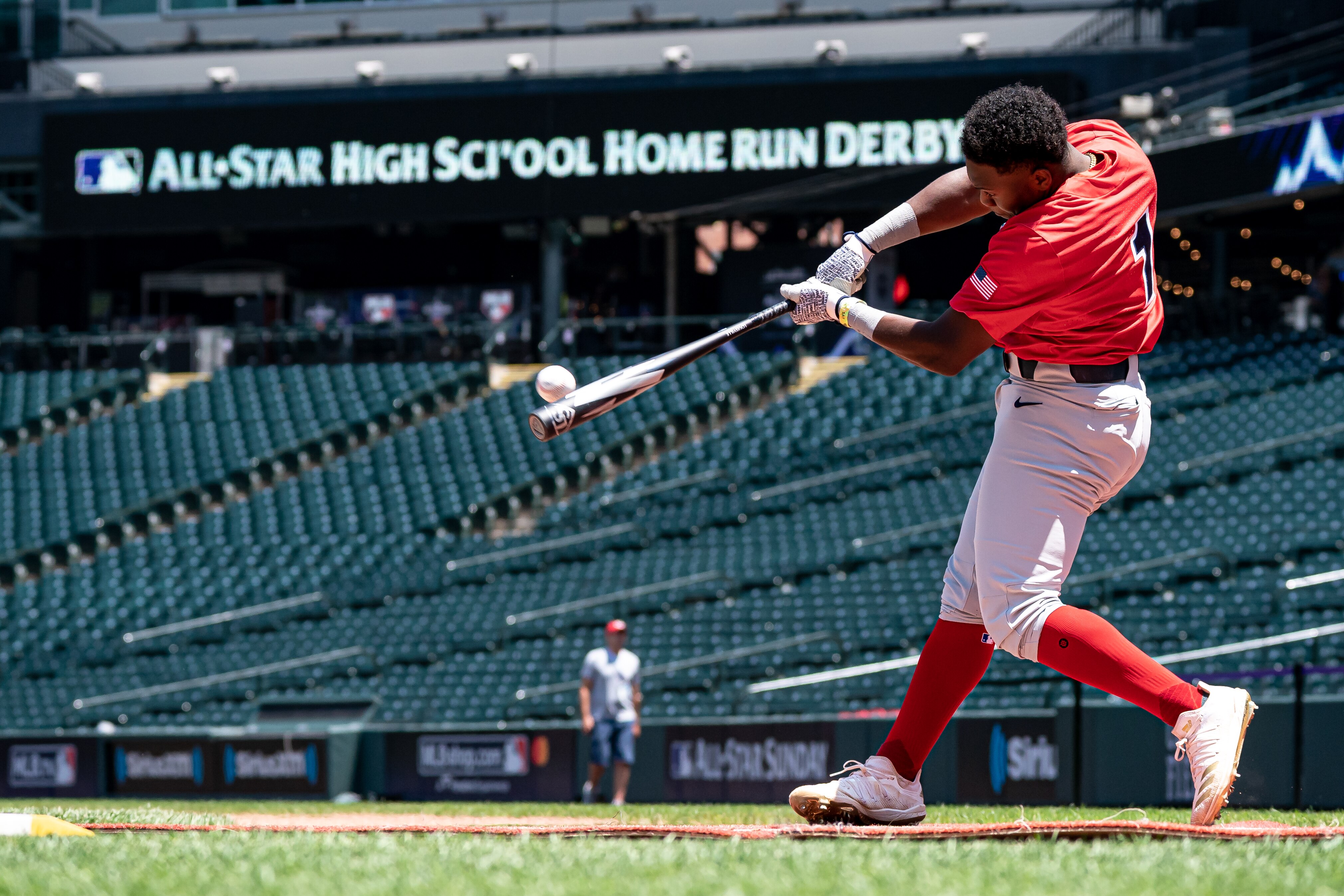 DENVER, CO - JULY 10: Termarr Johnson participates in the Major League Baseball All-Star High School Home Run Derby Finals at Coors Field on July 10, 2021 in Denver, Colorado. (Photo by Matt Dirksen/Colorado Rockies/Getty Images)