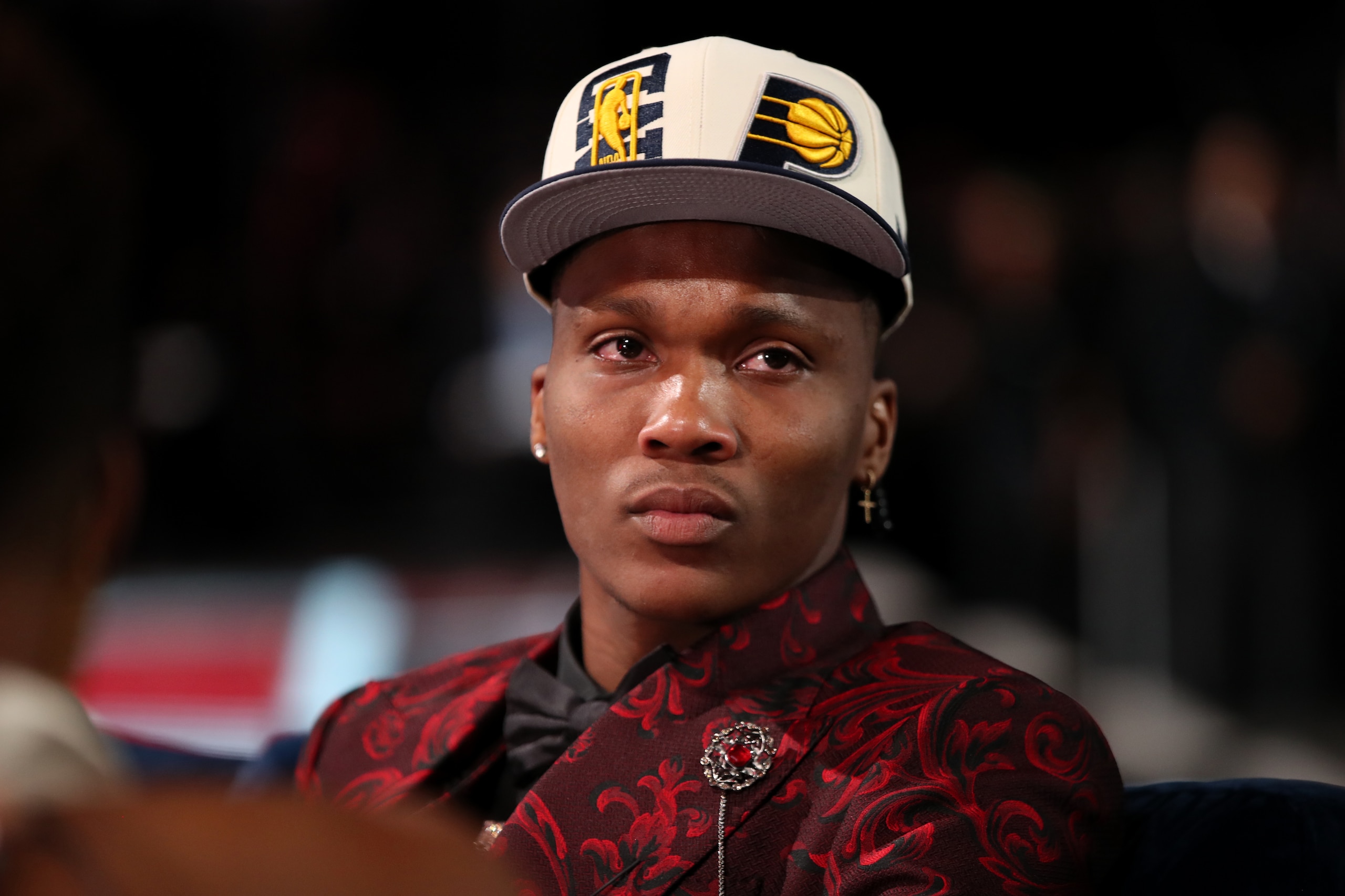 BROOKLYN, NY - JUNE 23: Bennedict Mathurin talks to the media after being drafted by the Indiana Pacers during the 2022 NBA Draft on June 23, 2022 at Barclays Center in Brooklyn, New York. NOTE TO USER: User expressly acknowledges and agrees that, by downloading and or using this photograph, User is consenting to the terms and conditions of the Getty Images License Agreement. Mandatory Copyright Notice: Copyright 2022 NBAE (Photo by Michael J. LeBrecht II/NBAE via Getty Images)
