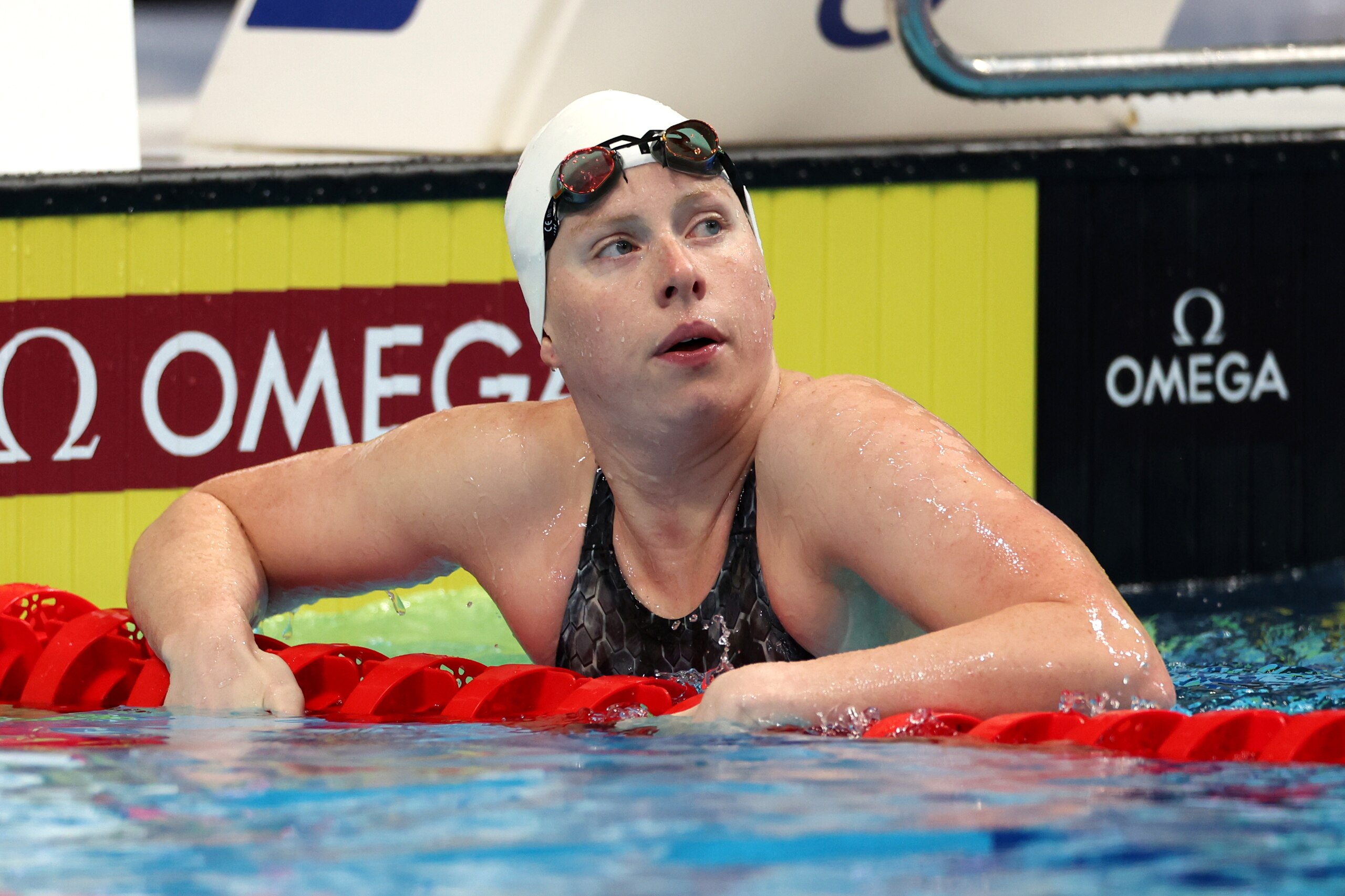 BUDAPEST, HUNGARY - JUNE 24: Lilly King of Team United States reacts after competing in the Women's 50m Breaststroke Heats on day seven of the Budapest 2022 FINA World Championships at Duna Arena on June 24, 2022 in Budapest, Hungary. (Photo by Maddie Meyer/Getty Images)