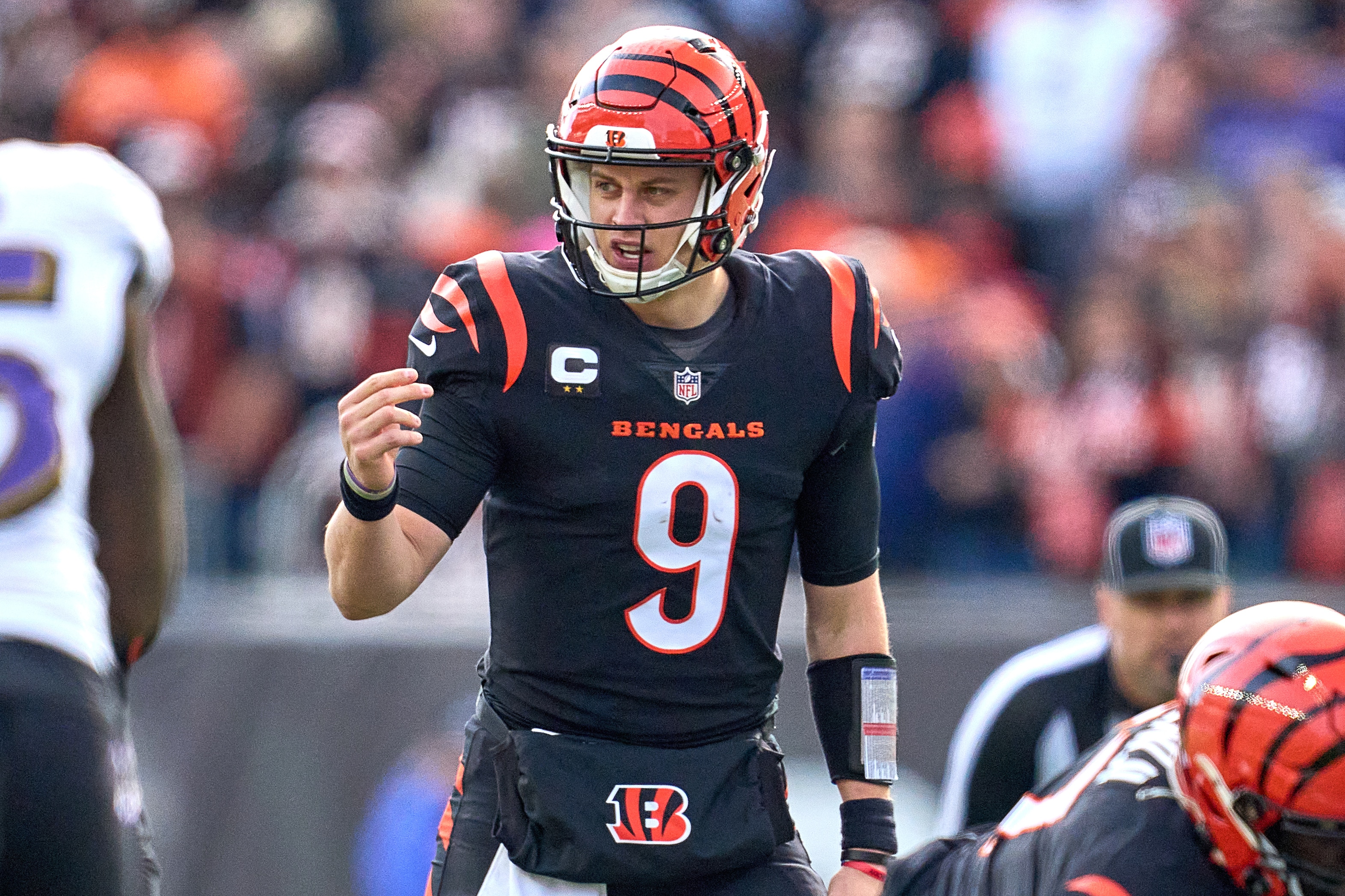 CINCINNATI, OH - DECEMBER 26: Cincinnati Bengals quarterback Joe Burrow (9) looks on during a game between the Cincinnati Bengals and the Baltimore Ravens on December 26, 2021, at Paul Brown Stadium in Cincinnati, OH. (Photo by Robin Alam/Icon Sportswire via Getty Images)