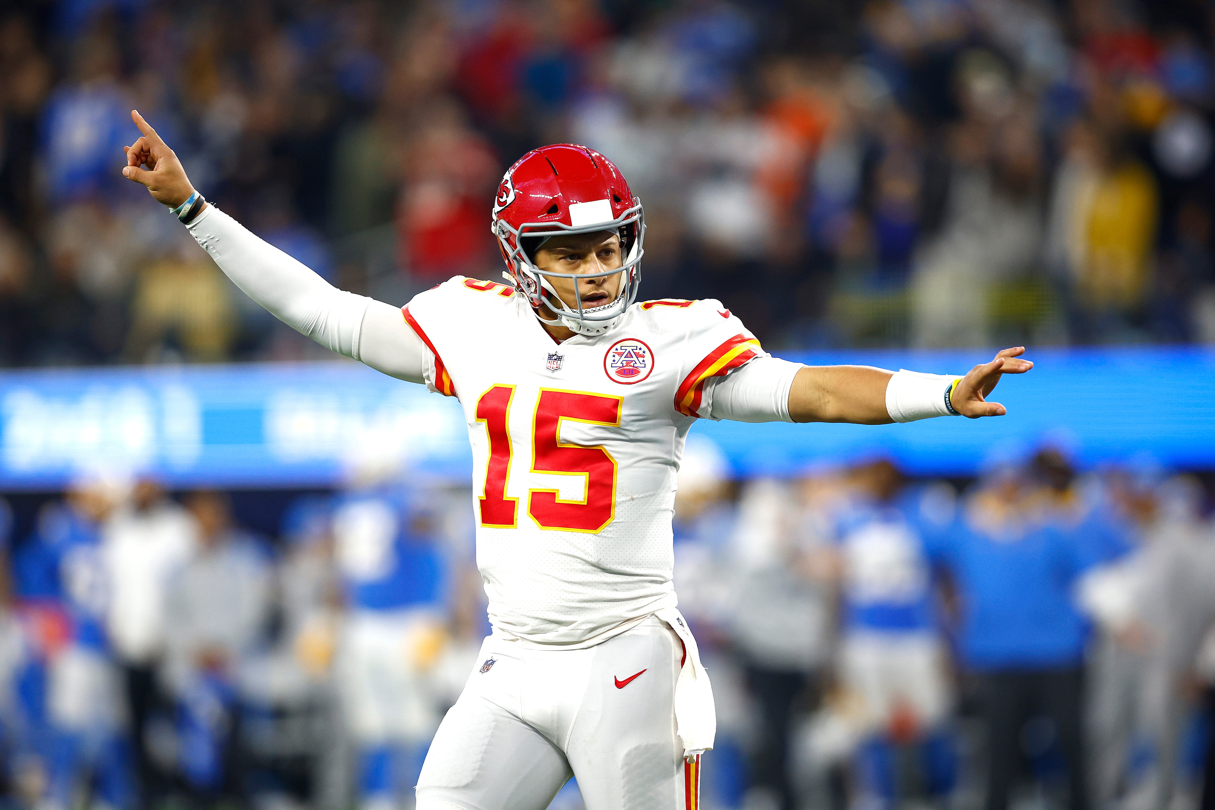 INGLEWOOD, CALIFORNIA - DECEMBER 16: Patrick Mahomes #15 of the Kansas City Chiefs motions for a two point conversion after scoring a touchdown during the second half of a game against the Los Angeles Chargers at SoFi Stadium on December 16, 2021 in Inglewood, California. (Photo by Sean M. Haffey/Getty Images)