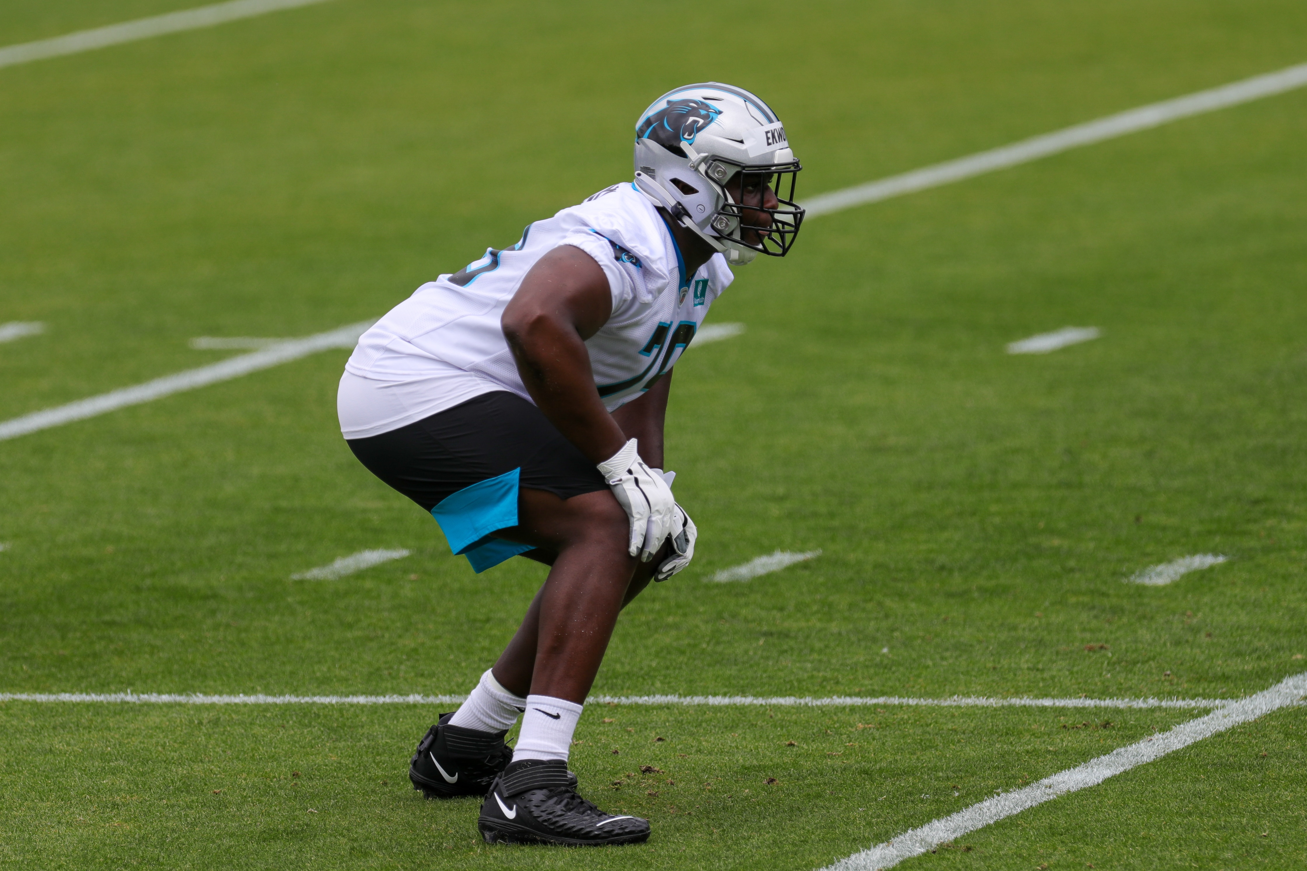 CHARLOTTE, NC - MAY 13: Carolina Panthers Tackle Ikem Ekwonu (79) conducts a drill during day one of the Rookie Mini Camp on May 13, 2022 at the Carolina Panthers Practice Facility in Charlotte, NC. (Photo by David Jensen/Icon Sportswire via Getty Images)